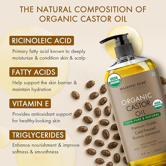 Majestic Pure USDA Organic Castor Oil - 8.01 Fl Oz with Wraps | 100% Pure and Natural- Cold Pressed & Hexane Free Ayurvedic Oil for Hair, Skin, Body, Face, Nails & Scalp with Reusable Wraps