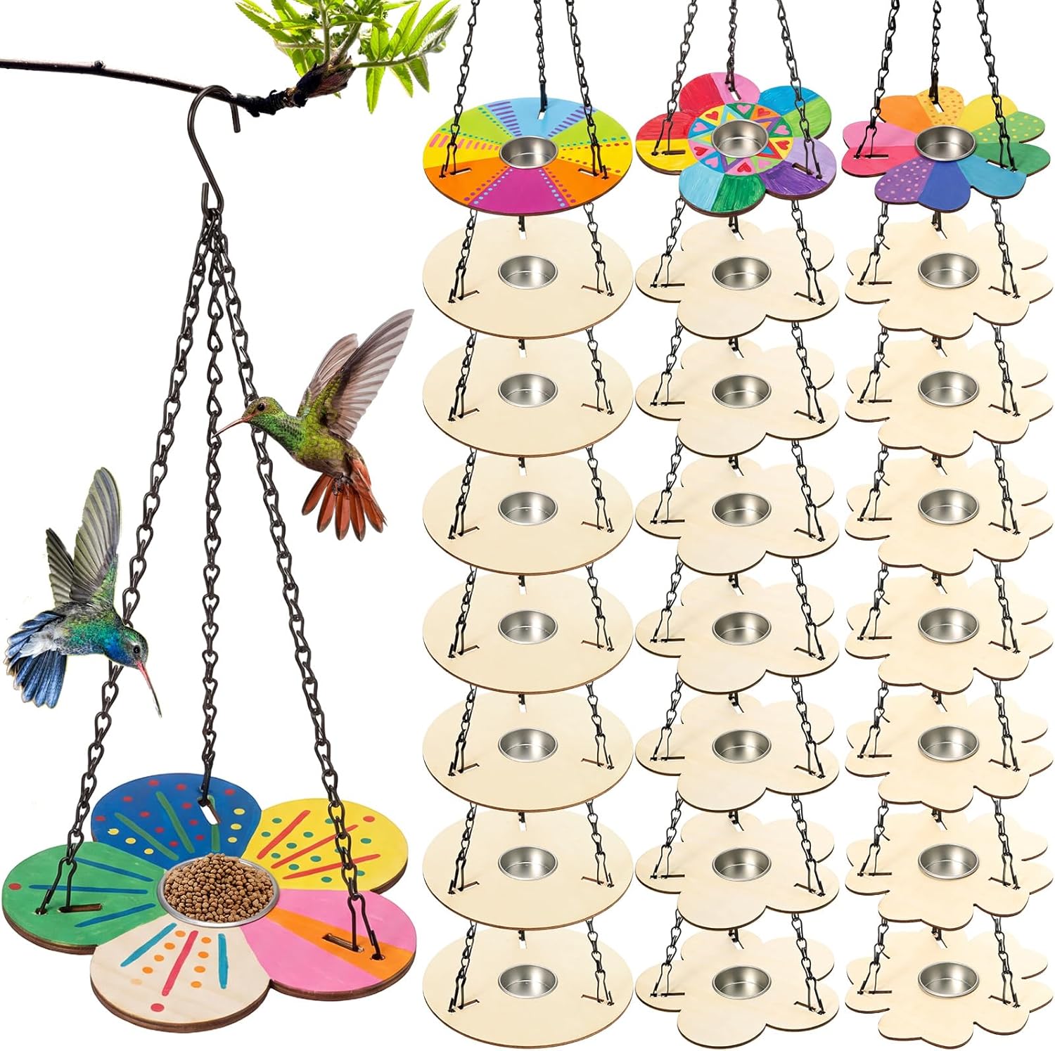 DoubleFill 24 Pack Bird Feeder Craft Kits with Chains for Kids Ages 3-8 Make Your Own Wooden Flower Bird Feeders with Aluminum Bowls DIY to Paint Craft for Garden Outdoor Activities (Flower,Round)