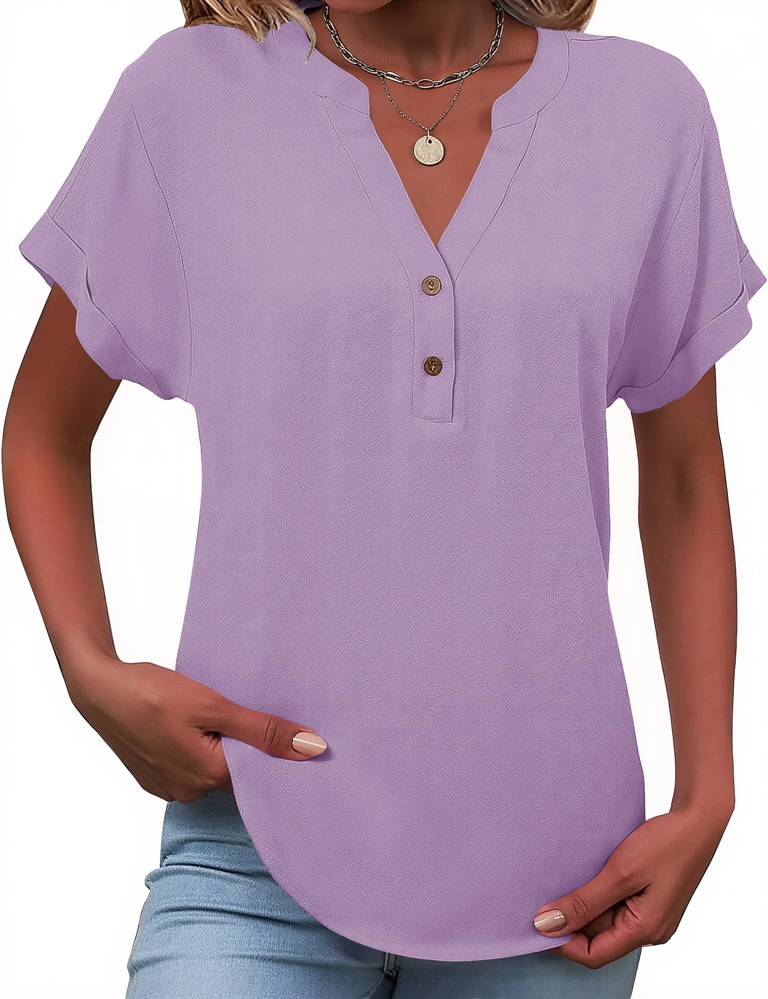 Tisfeer Leinenbluse Damen Sommer Kurzarm Bluse Baumwolle Leinen V-Ausschnitt mit Knopfleiste Locker Lässig Tunika Einfarbig