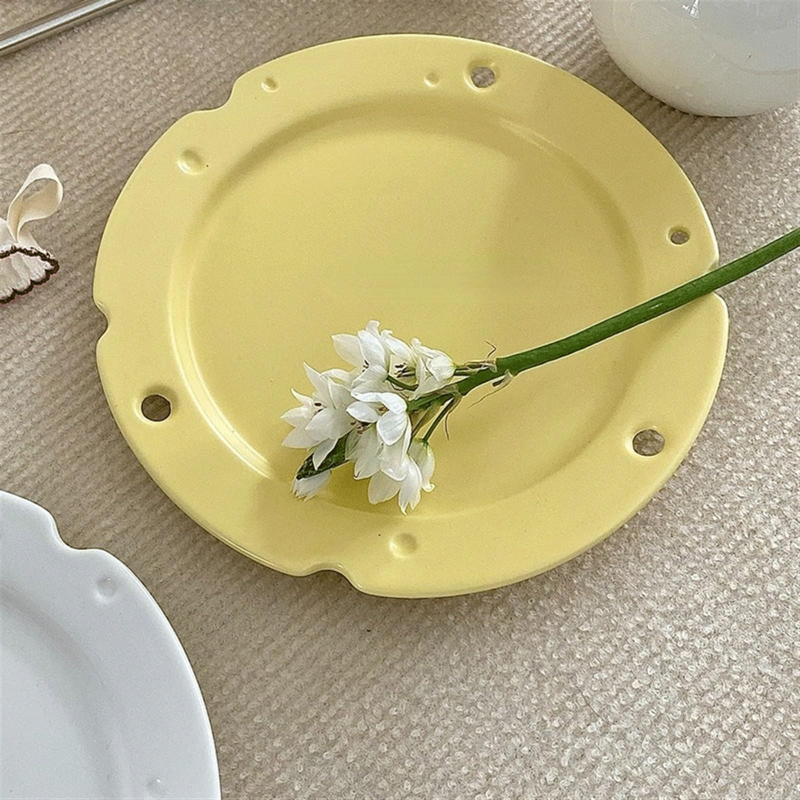 Naczynia Talerze Ceramiczny płaski talerz żółty śliczny matowy kształt sera śniadaniowy domowy kreatywny w kształcie ciasta deserowego Domowy talerz do jadalni(Biały)