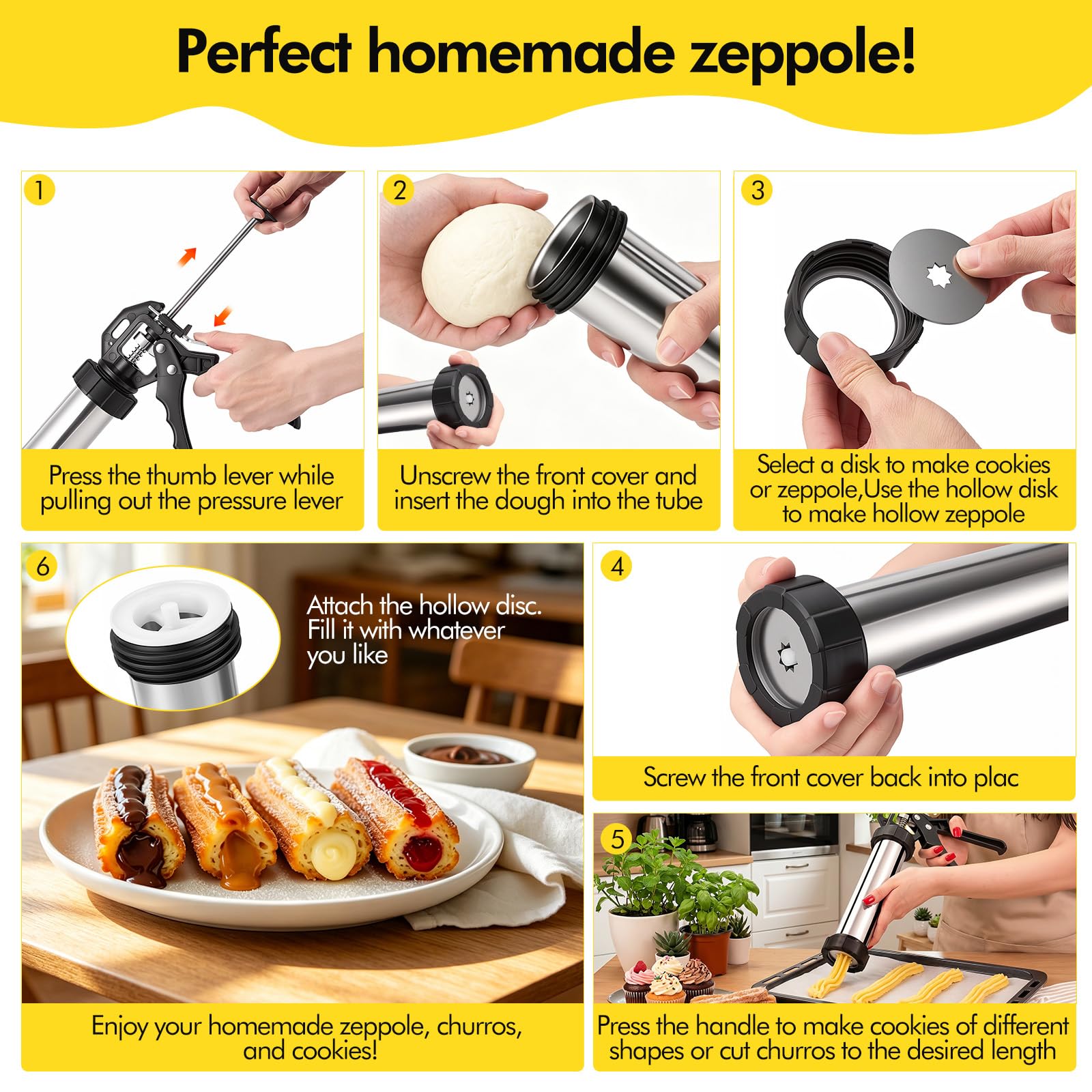 Machine à Churros et Presse à Biscuits 3-en-1, Appareil a Churros Manuel en Acier Inoxydable 304, Pistolet à Pâtisserie avec Levier Ergonomique, 21 Accessoires (Disques, Douilles)