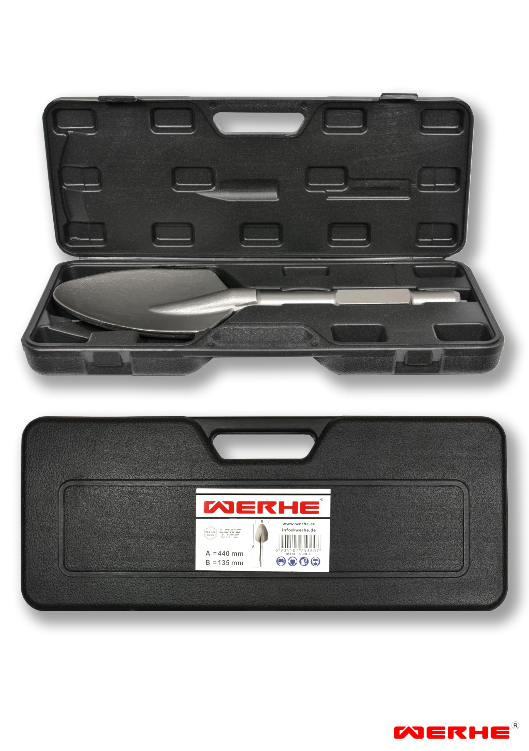 WERHE ® Professional SDS HEX scalpello a punta 135 x 440 mm supporto esagonale 30 mm per martello demolitore scalpello custodia in plastica