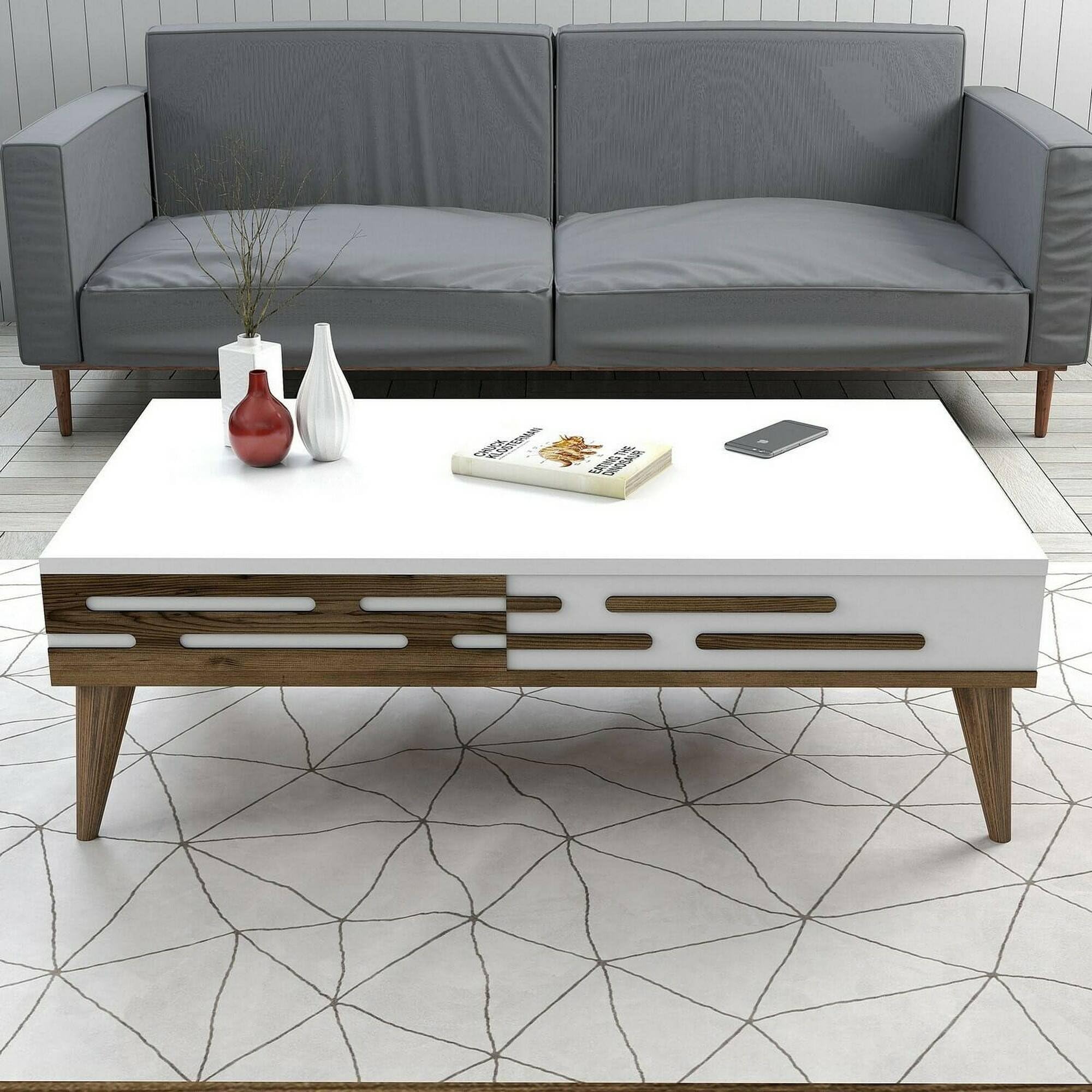 Dmora - Tavolino da Salotto Saiph, Tavolo Basso da caffè, Portariviste per Divano, Ripiano da Soggiorno, 105x35h60 cm, Noce e Bianco