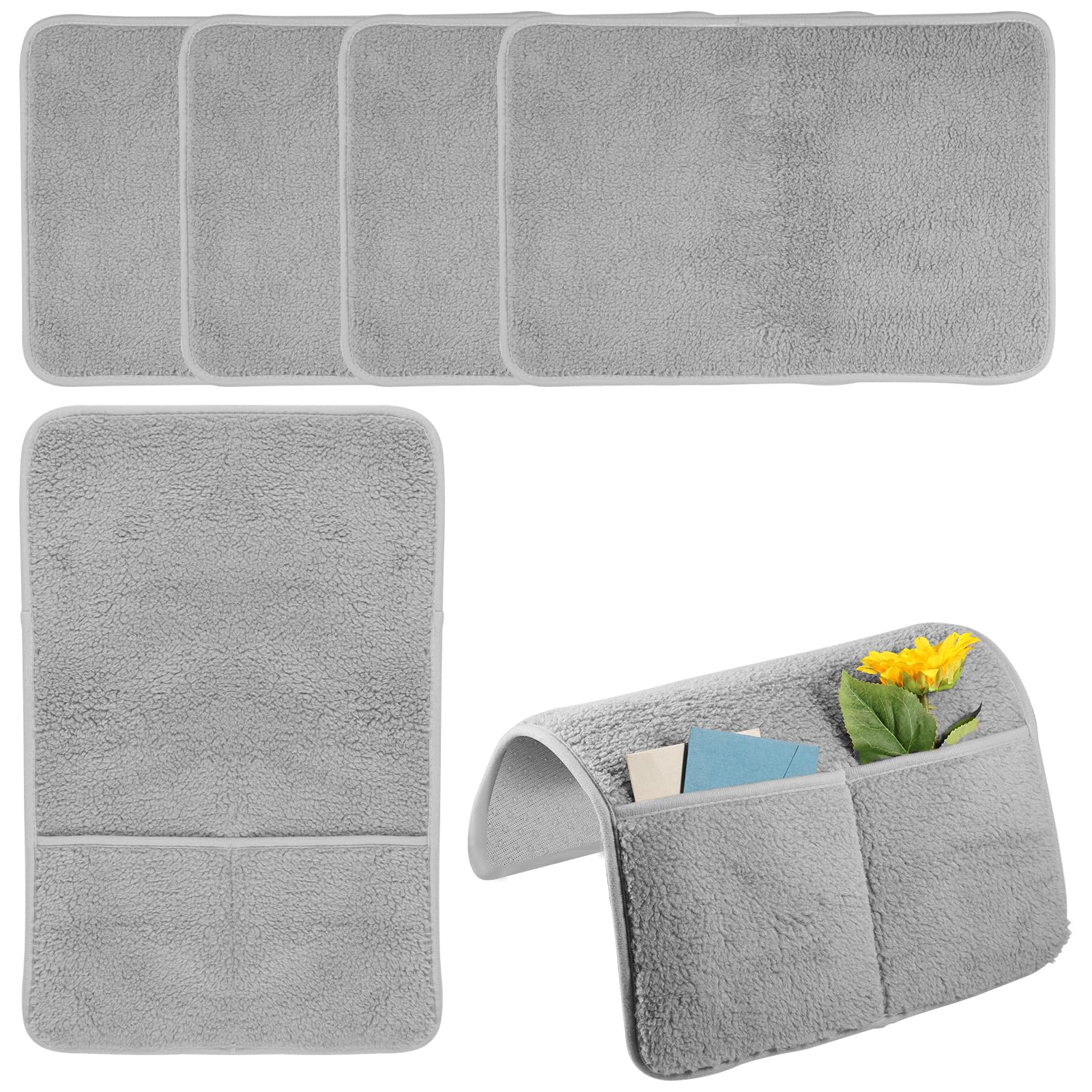 HAIJED 5Pcs Sofa Armrest Cover with Side Storage Pockets Lambswool Sofa Arm Protector Non Slip Sofa Headrest Cover Machine Washable Recliner Chair Arm Cover for Recliner Chair Sofa(grey)