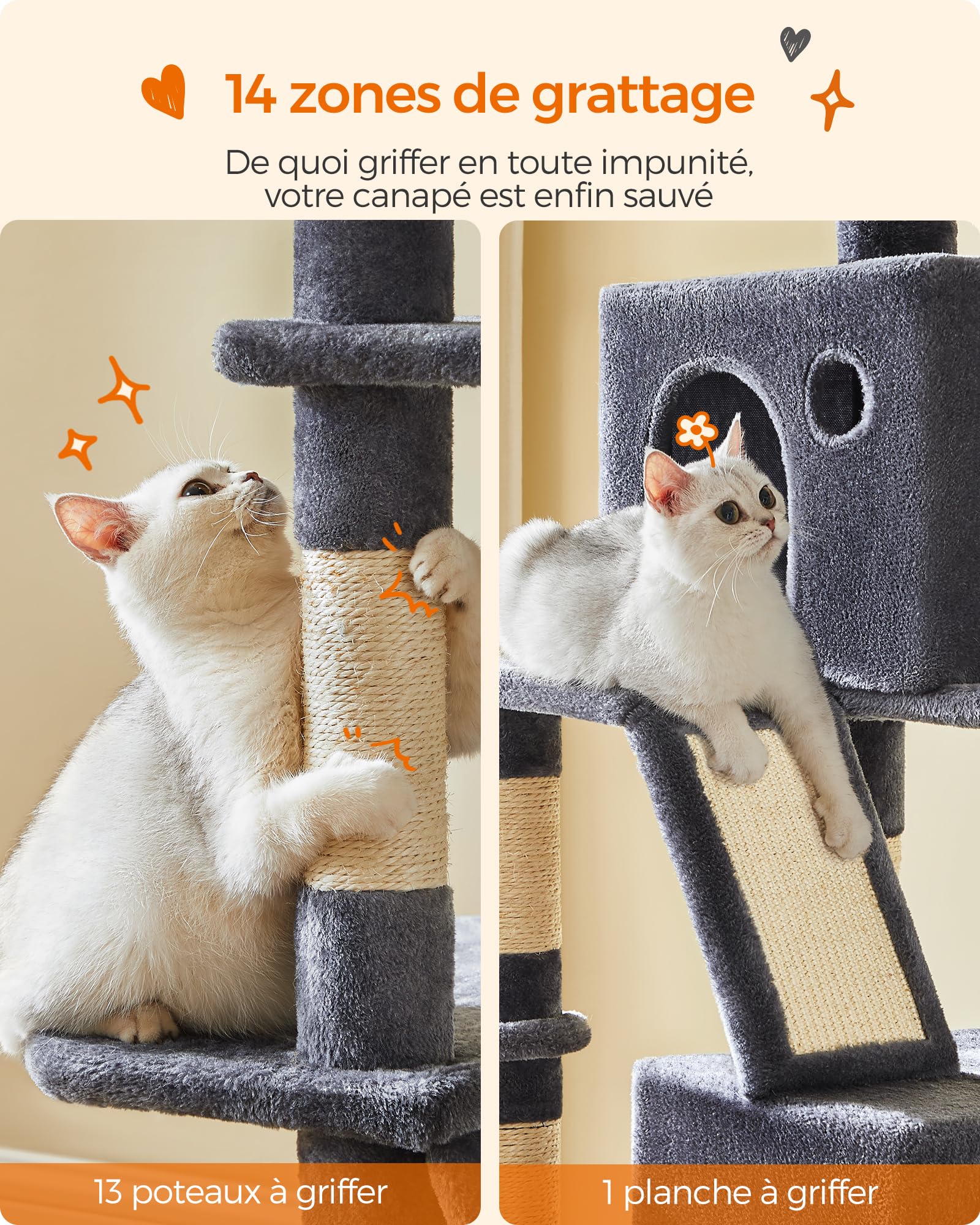 Feandrea Arbre à Chat, Hauteur 206 cm, avec 13 Griffoirs, 2 Plate-Forme, 2 Niches, Panier, Hamac, Pompon, Tissu Peluche, Multi-Niveaux pour Chat d'Intérieur, Gris Foncé PCT190G01