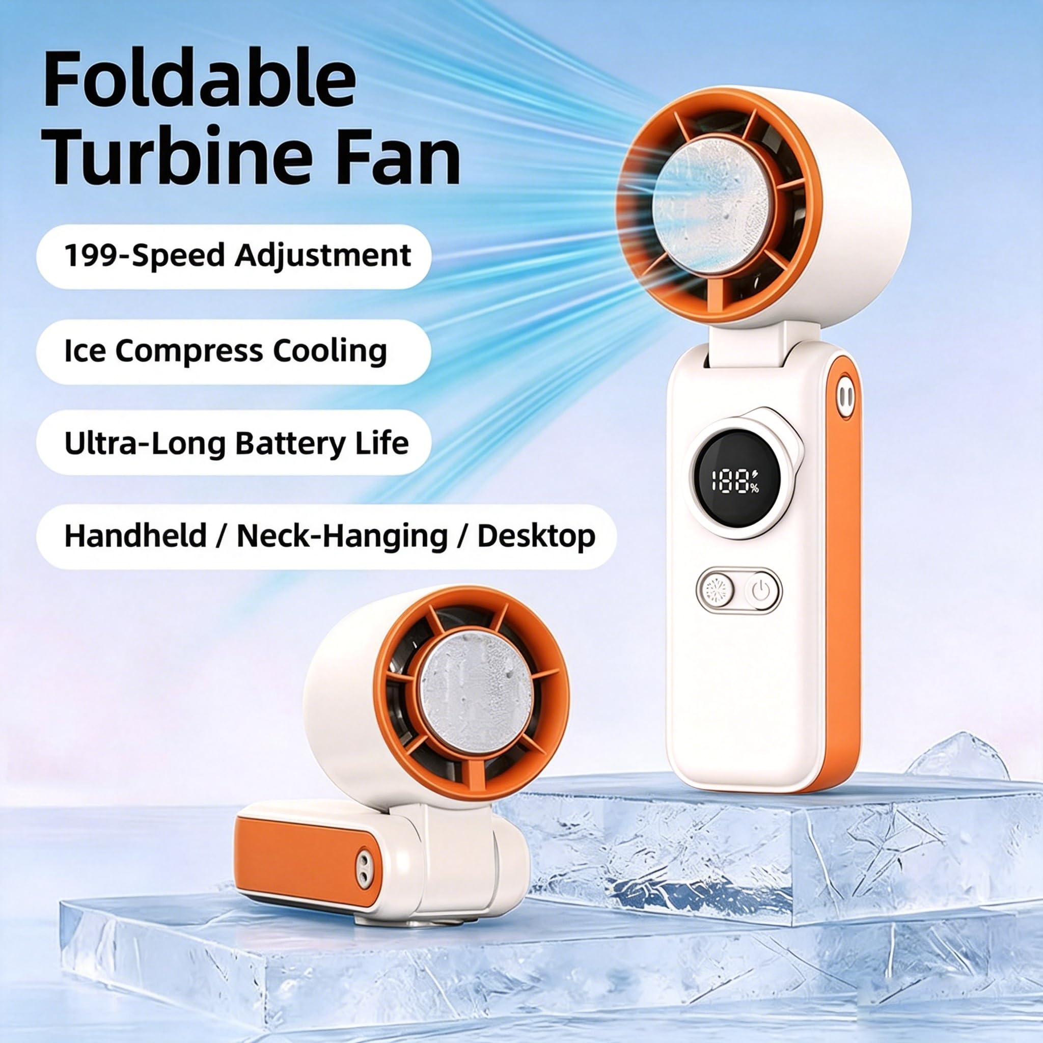 Portable Handheld Turbo Mini Fan with Semiconductor Ice Cooling,5 Gear  Strong Wind,6000mAh Rechargeable Personal fan, Battery Operated,15H Work  Hours,3 in 1 Hand Fans for Travel,Beach,Outdoor（Orange） : Amazon.in: Home &  Kitchen