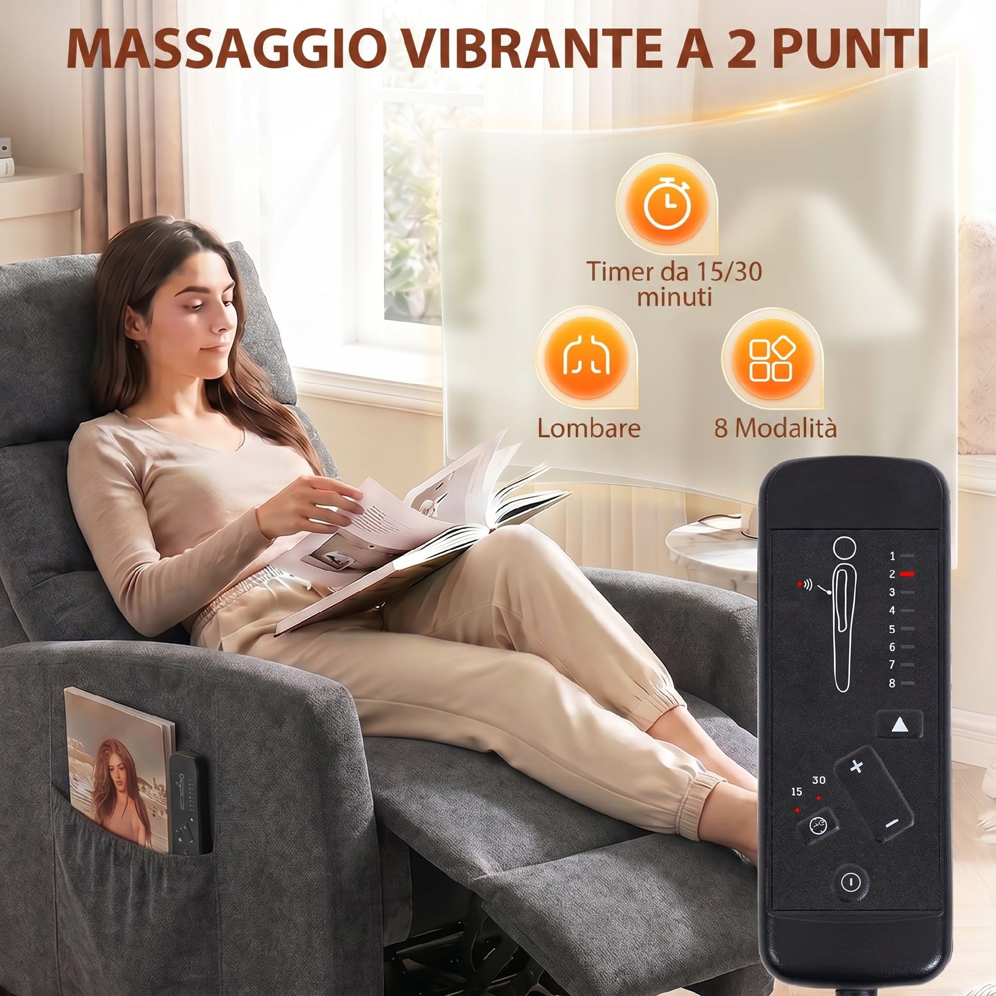 HOMCOM Poltrona Massaggiante Reclinabile Manuale 160°, 2 Punti di Massaggio e Poggiapiedi, Poltrona Relax Imbottita in Ciniglia, con Telecomando, Tasche Laterali, per Casa Ufficio, Grigio Scuro