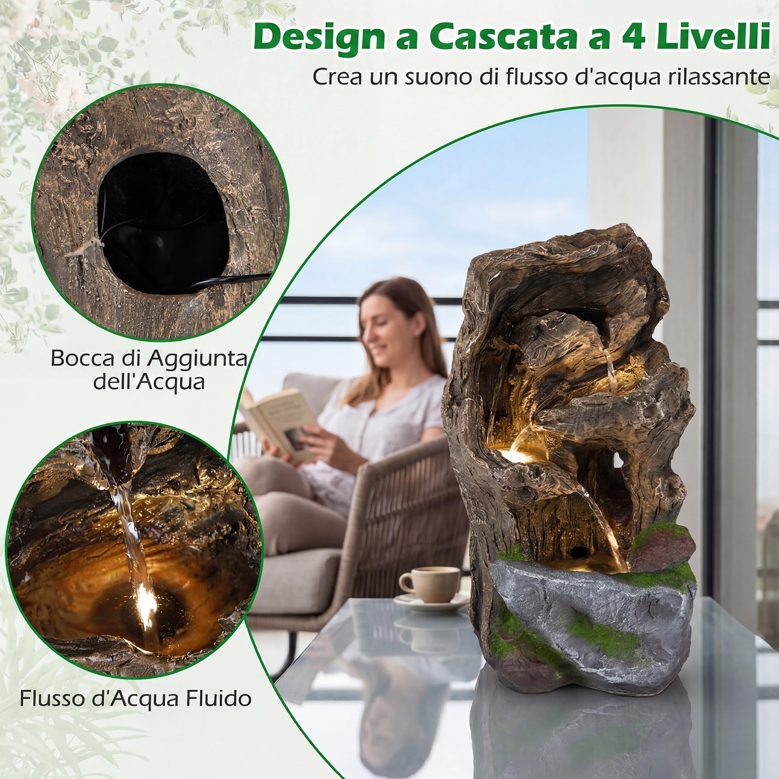 COSTWAY Fontana a Cascata, Fontana da Esterno con Illuminazione LED, Pompa e Muschio Artificiale, Ornamento Cascata in Stile Roccia per Cortile, Balcone e Salotto, 30,5 x 26 x 53 cm