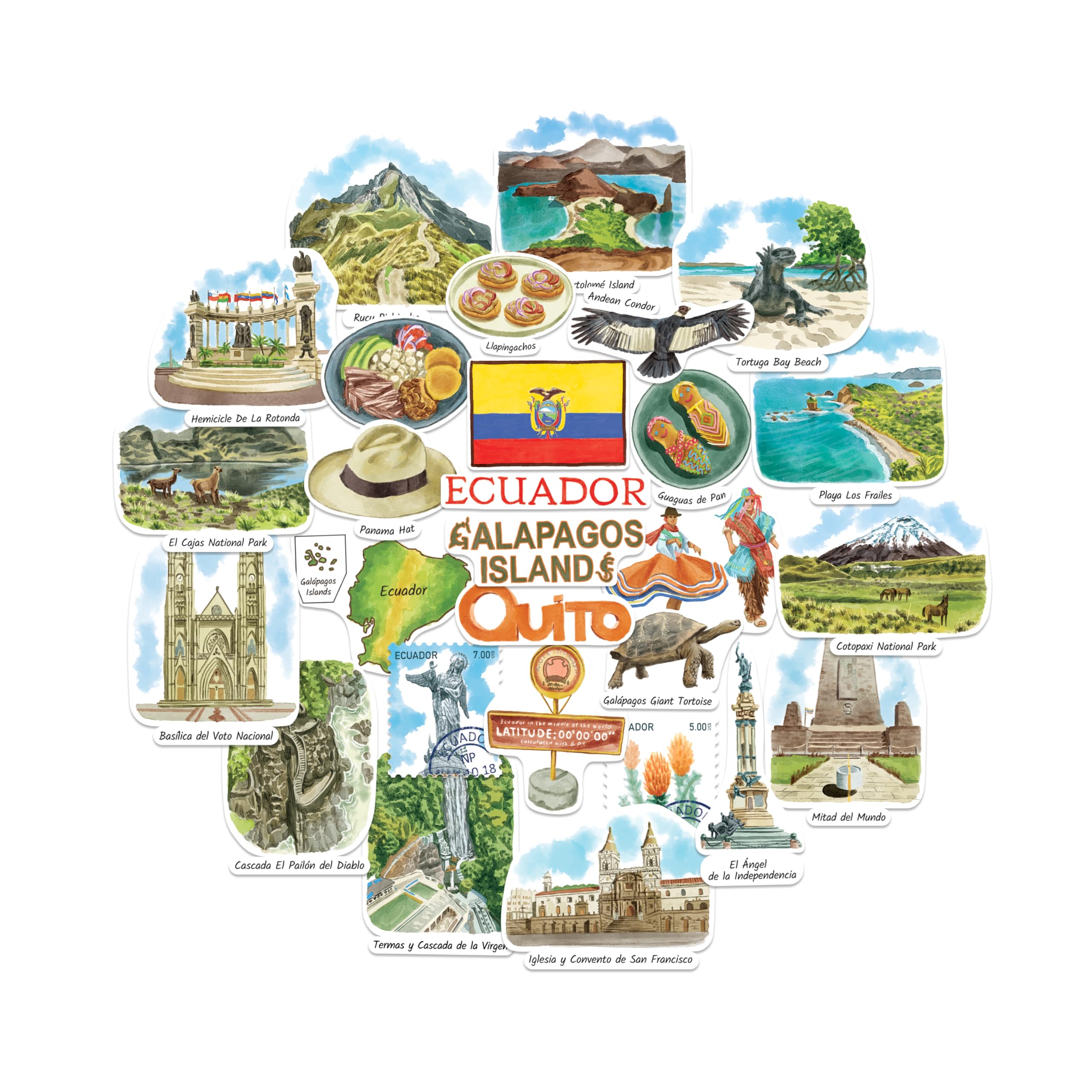 Navy Peony Exotic Ecuador Travel Stickers (28pcs) – Watercolor, South America, Ecuadorian-Themed Vacation Decals for Scrapbooks, Journals, Souvenirs