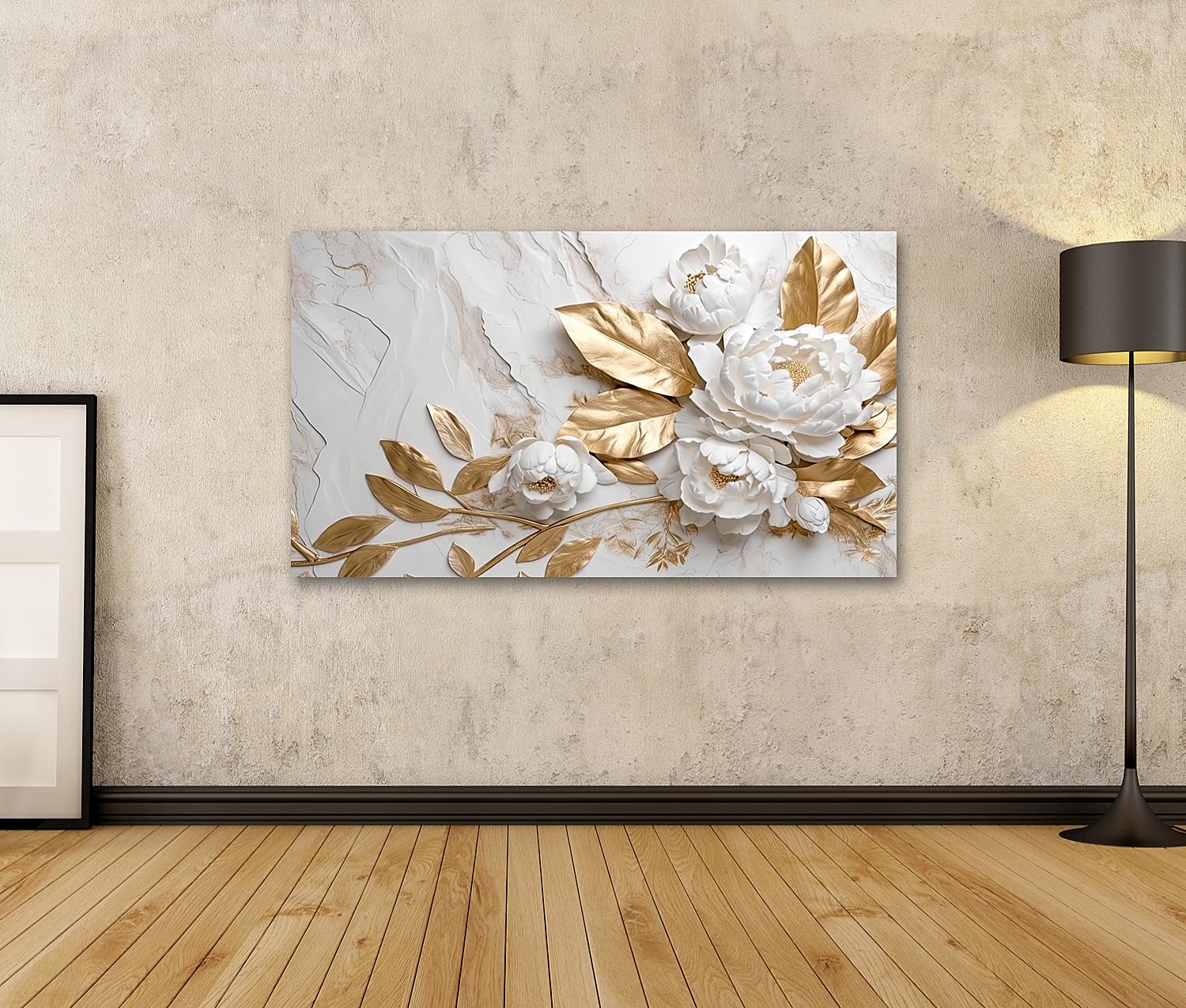 islandburner Tableau sur Toile Texture Marbre Couleurs Or Blanc Fleurs Dorées Design Luxueux Cadre Affiche Poster Murale Tableaux