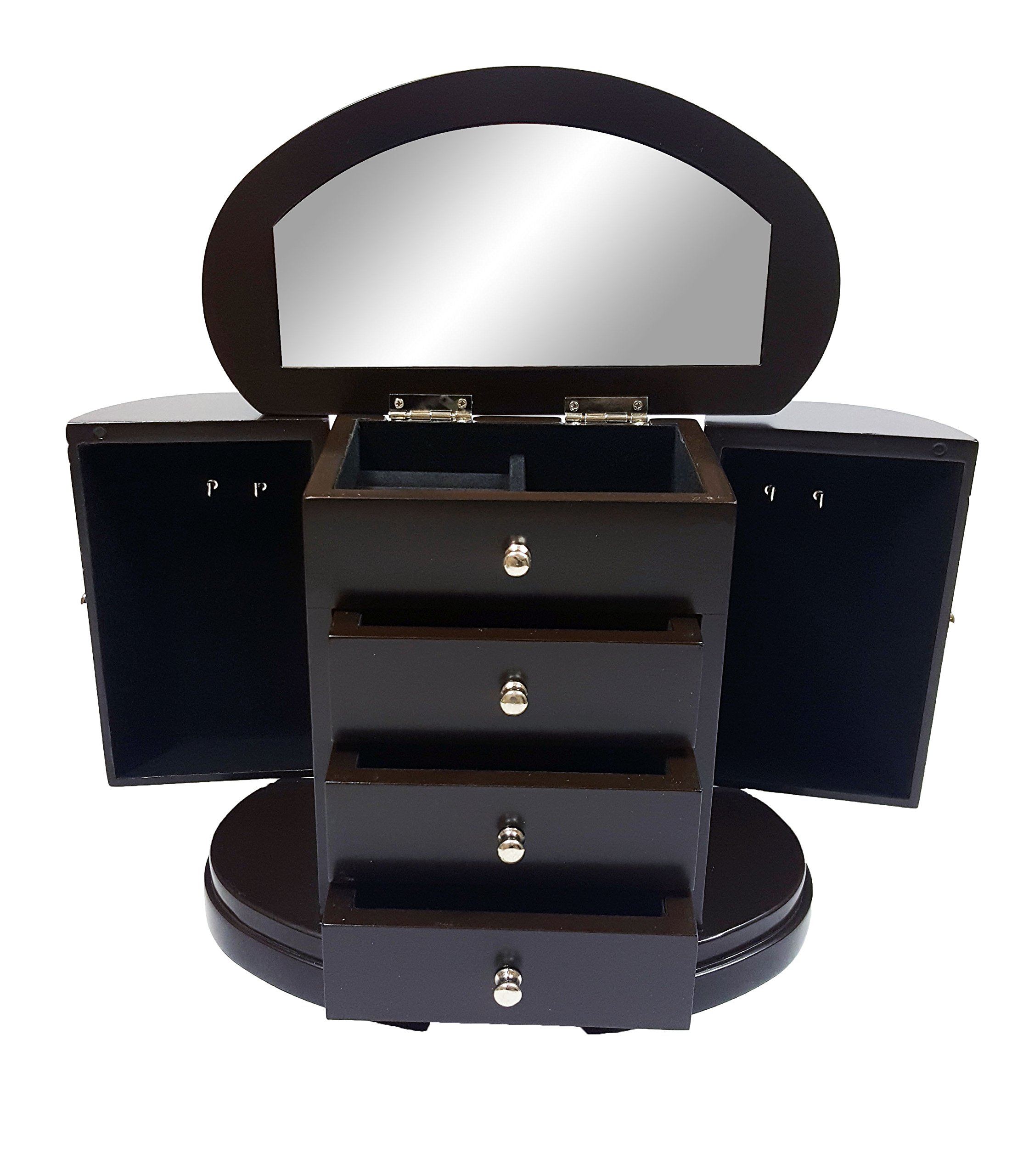 UNIWARE PY8283-BR Elegant Wood Jewelry Cabinet with 4 Drawers, Mirror and Legs, White (Dark Brown), Gift