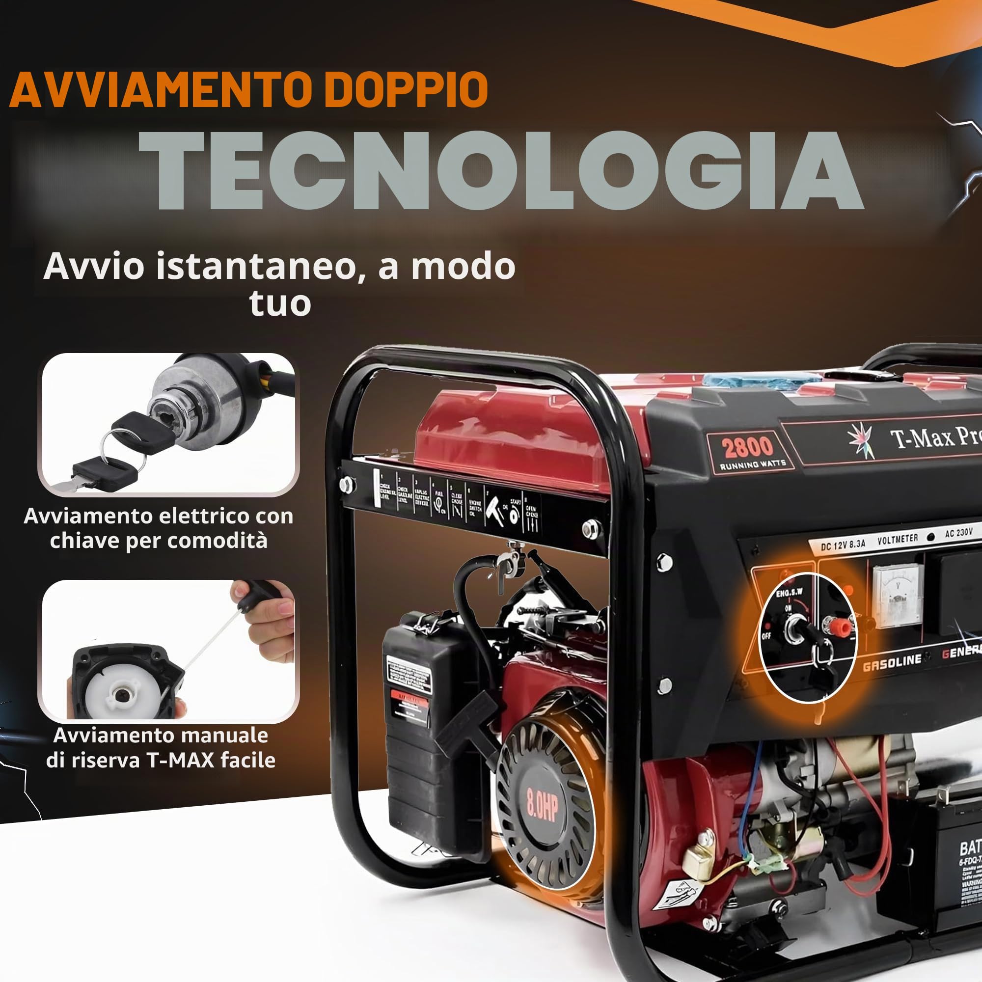 Dealourus T-MAX Generatore di benzina portatile 6000W-E ~ 3,4 KVA 8HP ~ Avvio chiave elettrica silenziosa