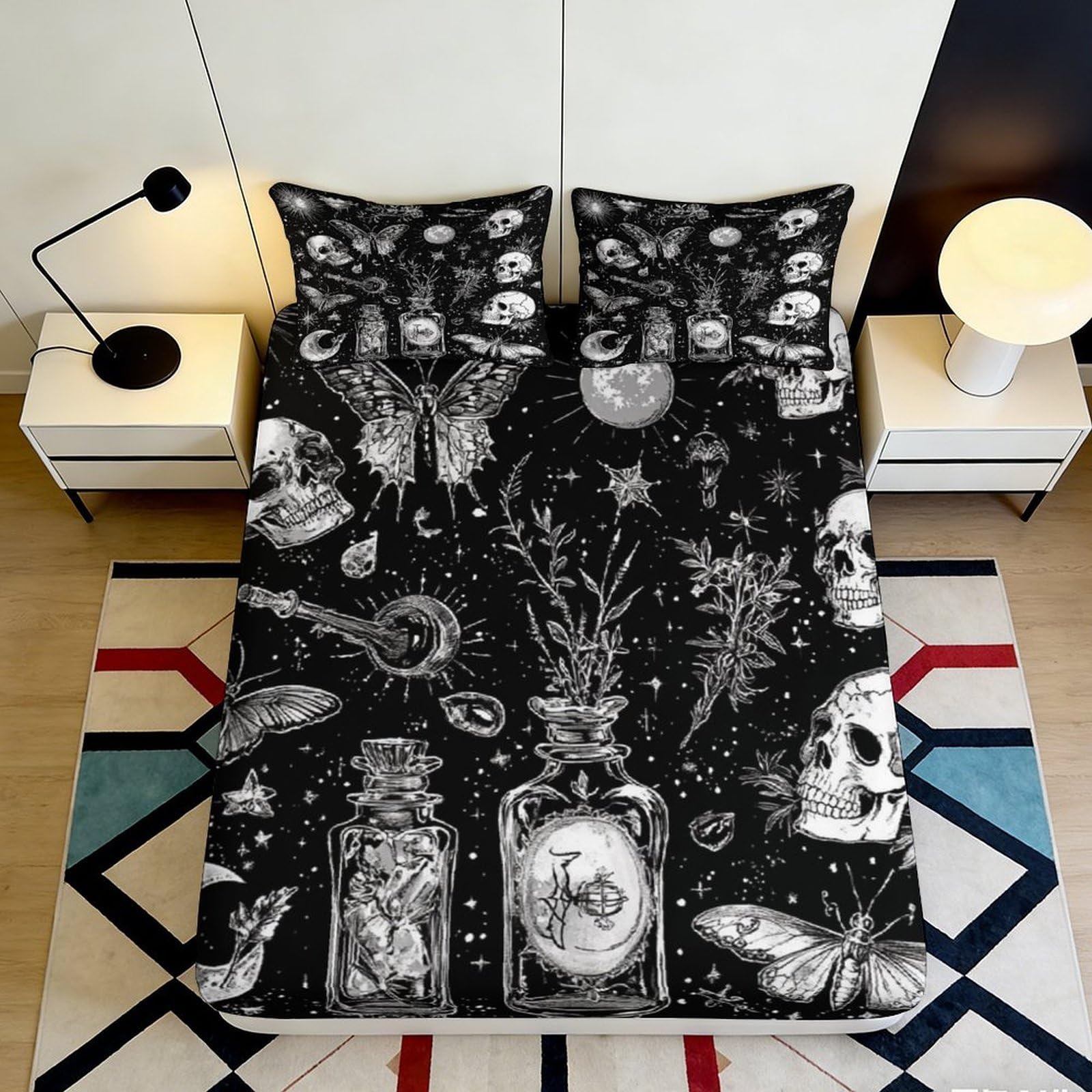 3D Printed Gothic Skull Butterfly Fitted Sheet Microfiber Soft Breathable Moon Star Bed Cover for Bedroom Dormitory Guest Room Protection Decor 200x200x25cm