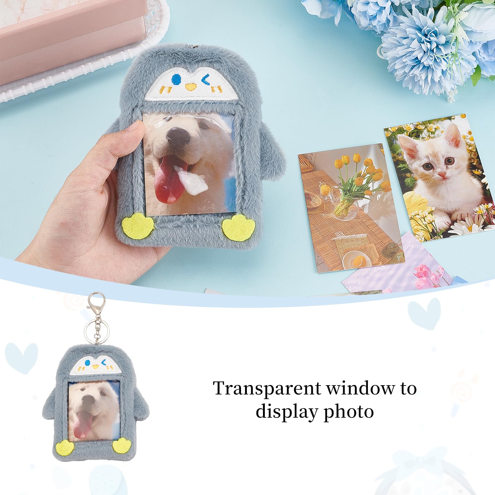 NICENEEDED Cartoon Plush Photocard Holder, Kawaii Blue Penguin Card Cover with Keychain - Image 3