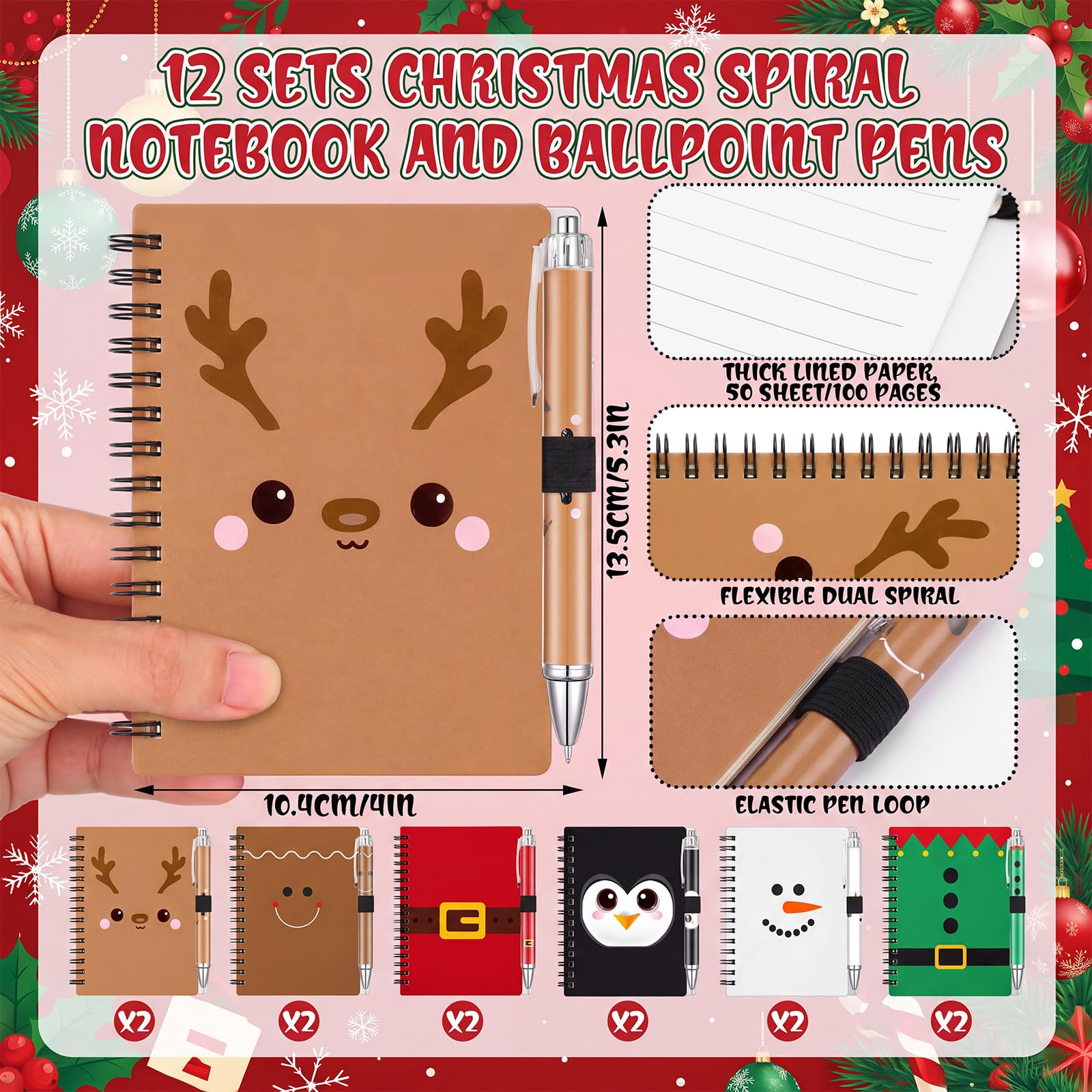 Sabary Lot de 12/24 carnets à spirale de Noël, cadeaux de Noël, stylos à bille, cadeaux pour employés, collègues, employés de vacances, fournitures de fête de Noël