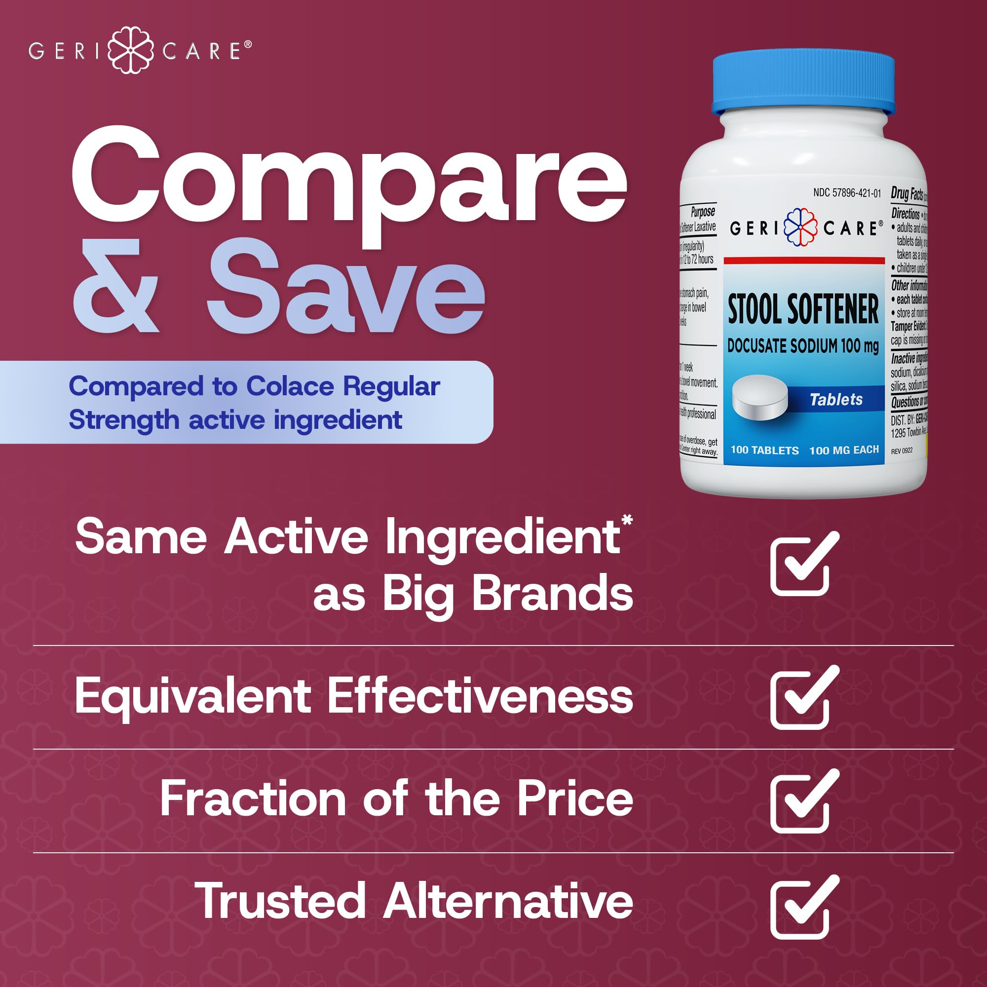 GeriCare Docusate Sodium Stool Softeners | Compared to Colace Regular Strength | Ideal for Constipation Relief,100mg Crushable Tablets. Dye Free (100 Count) Made in The USA. — Amazon image 6