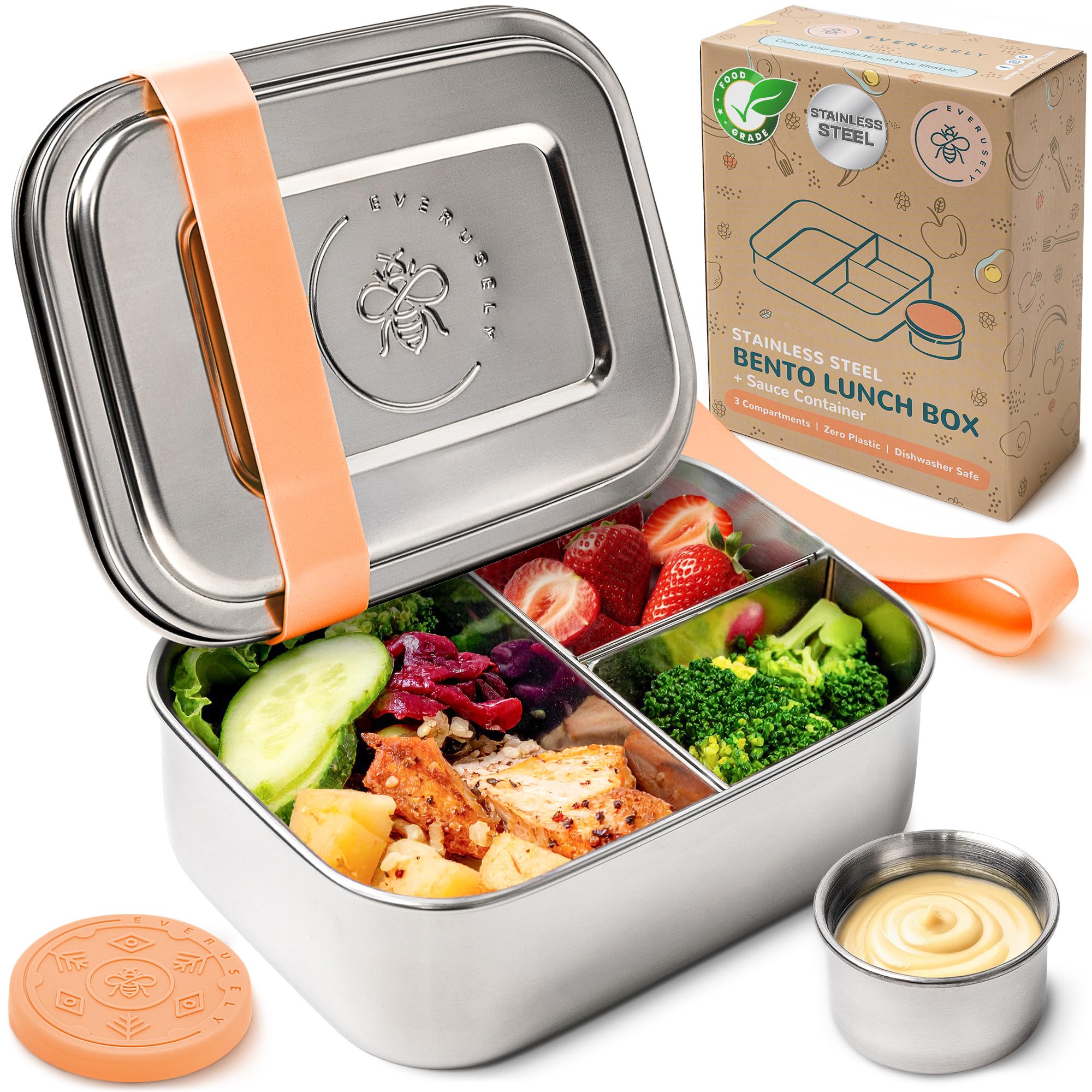 Everusely - Bento Box - Orange, 27oz / 0.8 L - Stainless Steel Lunch Box with Leakproof Condiment Container - 3 Compartment Snack Container - Freezer & Dishwasher Safe