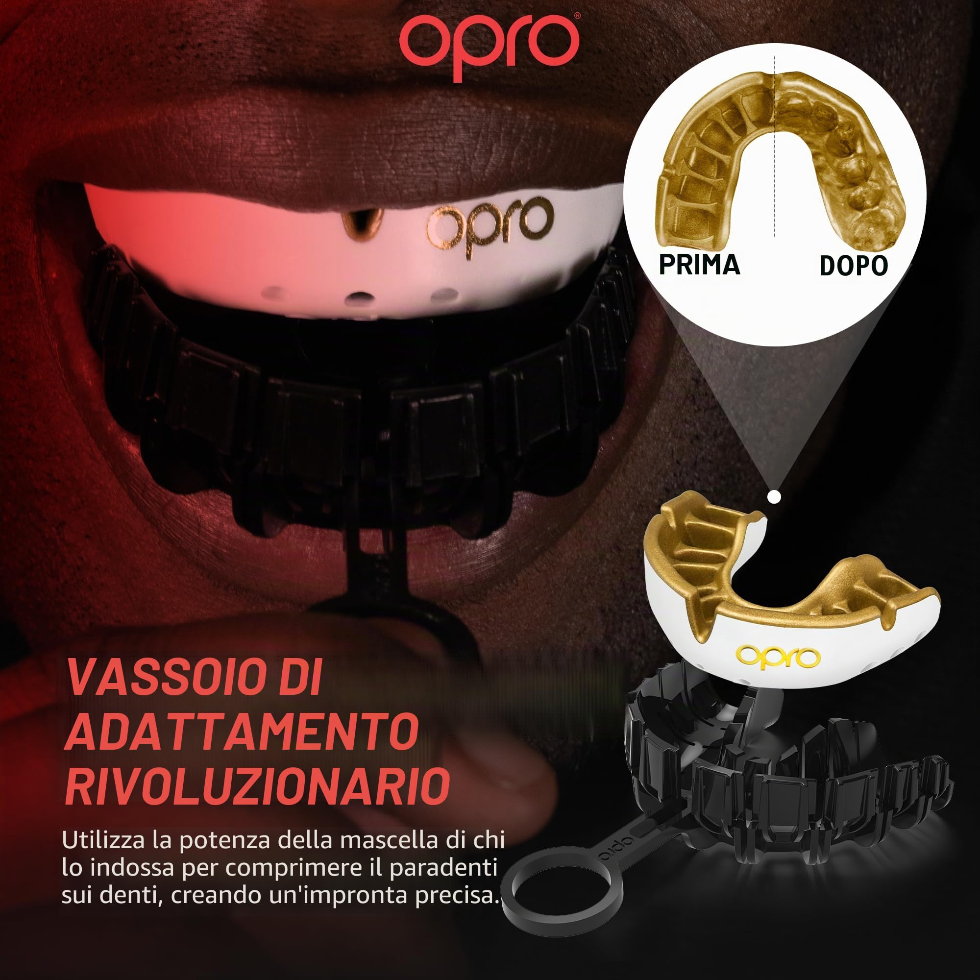 OPRO Paradenti Livello Oro - Aderenza Ottimale - Paradenti per Boxe, MMA, Rugby, Hockey - Protezione Dentale per Adulti e Bambini - Facile da Modellare - Con Garanzia Dentale