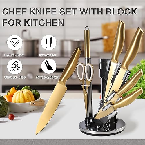 Miniatura 5 de Juego de cuchillos dorados, 8 unidades, acero inoxidable de titanio dorado, aptos para lavavajillas, con soporte para cuchillos acrílico, juego de