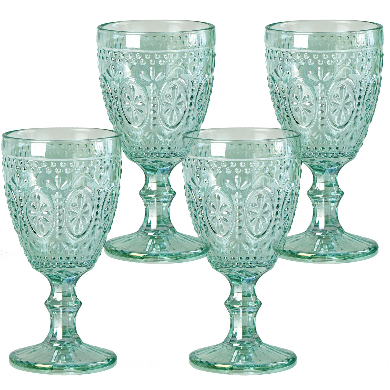 Verres à Vin Vert Vintage 325ml - Lot De 4 - Motif Floral Relief - Pour Apéro, Dîner, Cadeau