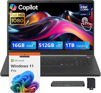 LG Gram 15.6" FHD Touchscreen Laptop, Intel Core Ultra 7 255U, 16GB DDR5 RAM, 1.5TB Storage 512GB SSD+1TB Docking Station, Intel Graphics, Numeric Keypad, HD Webcam, Wi-Fi 6, Windows 11 Pro, Black