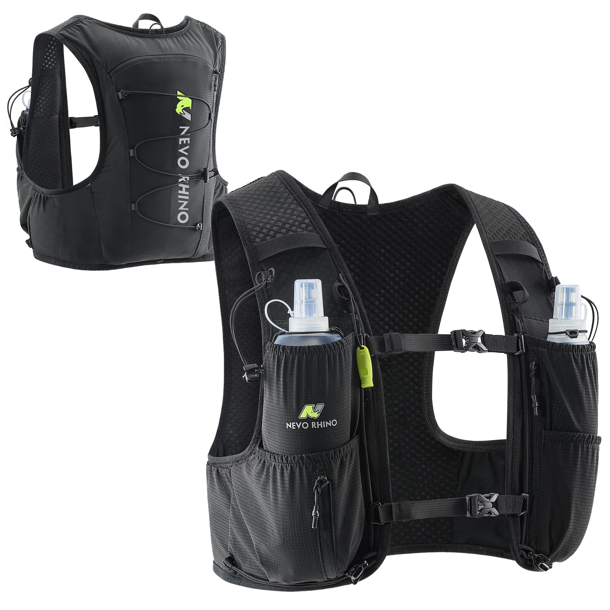 N NEVO RHINO Laufweste für Damen und Herren, 5 l, leicht, mit 2 TPU-500 ml weichen Flaschen, atmungsaktiver Trinkrucksack für Trailrunning, Marathon, Wandern, Rennen
