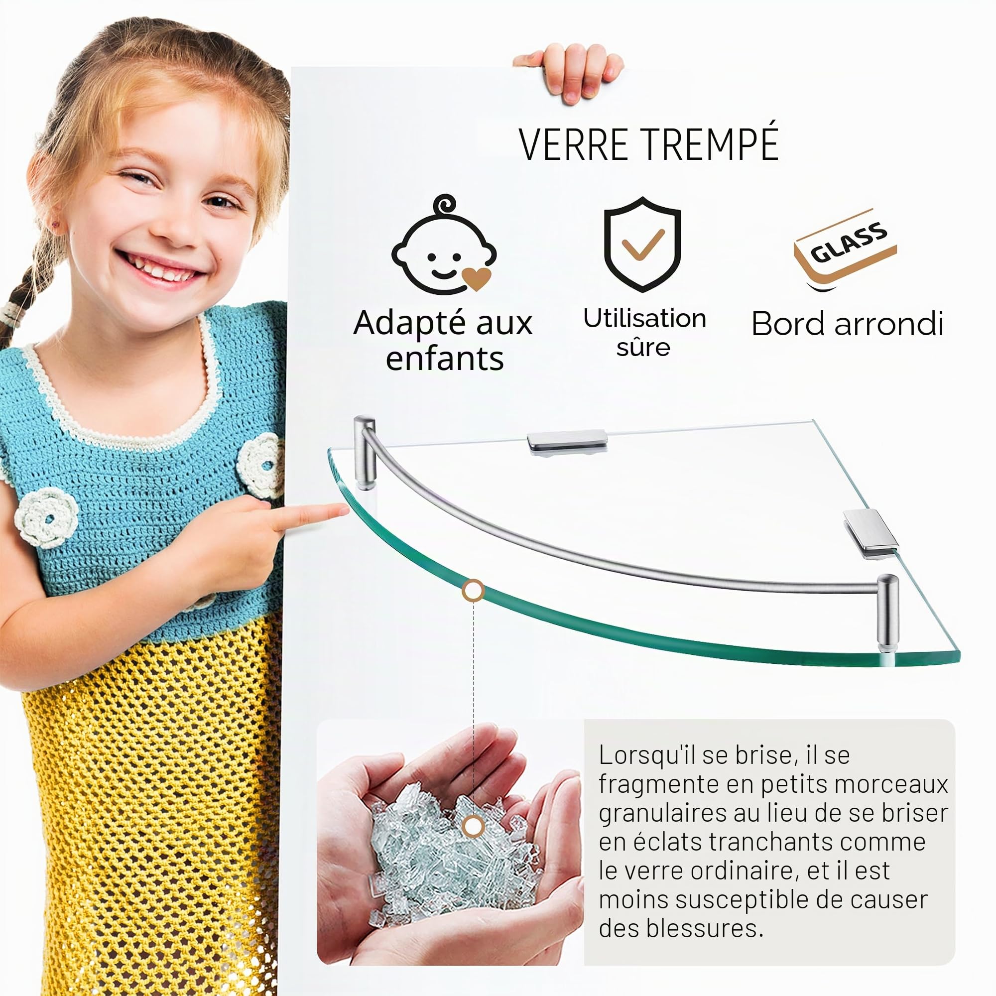 KES Étagère en Verre Étagère de Salle de Bain Murale Verre Trempé Tablette Douche d'angle Acier Inoxydable SUS304 Brossé, BGS2101A-2