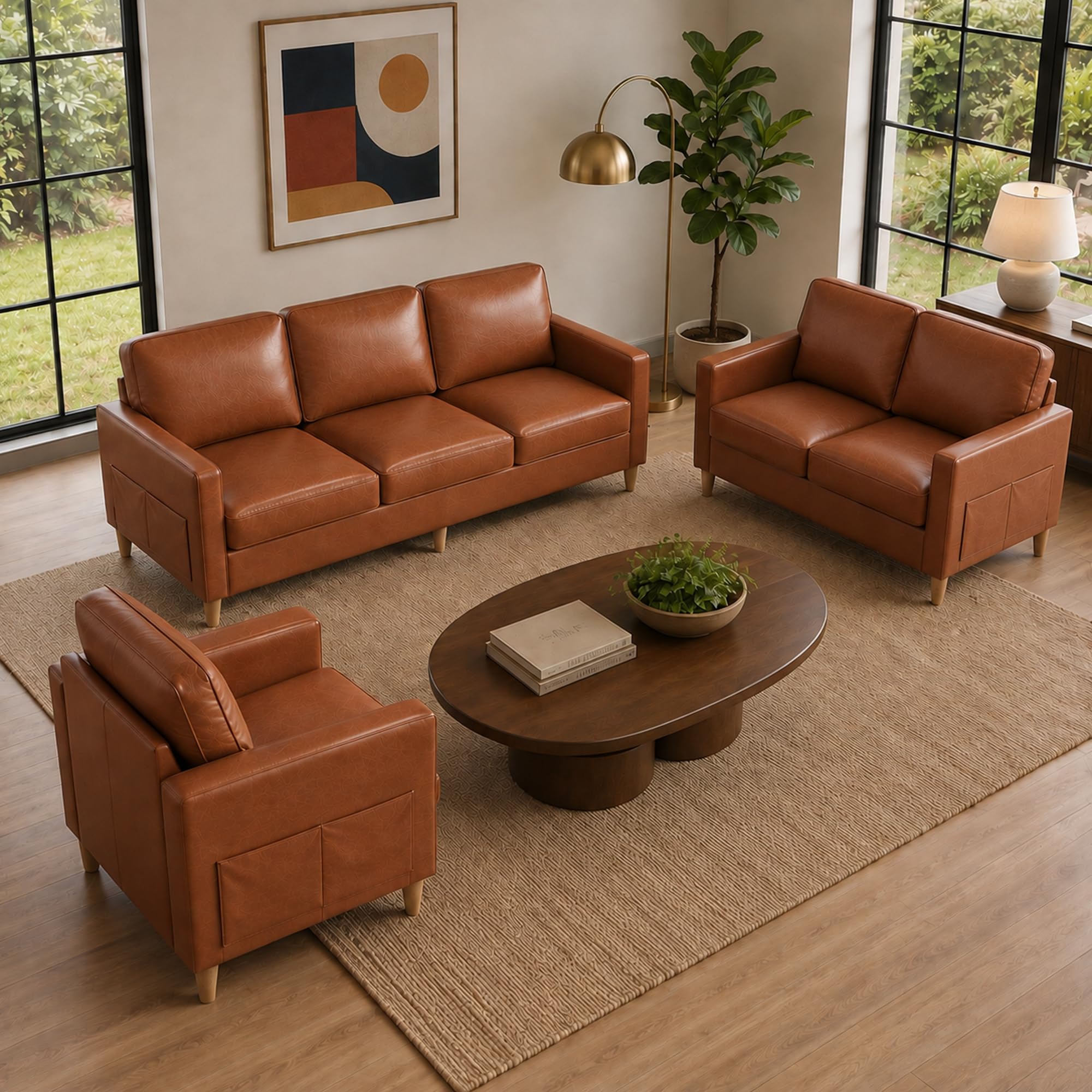 3-Piece Sofa Set for Living Room Faux Leather Couch with Loveseat and Chair
