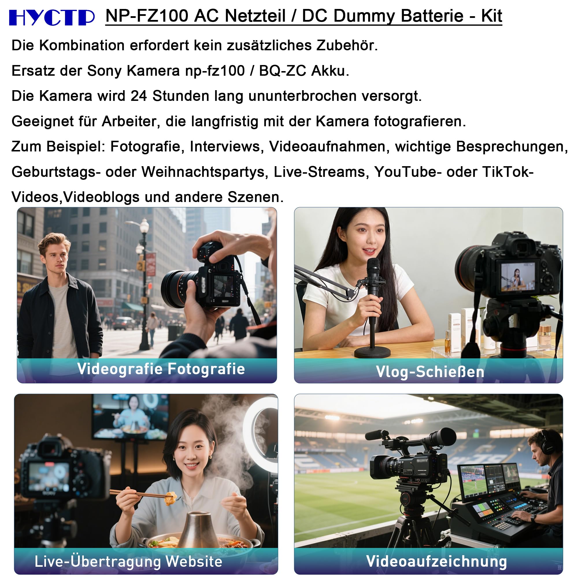 NP-FZ100 AC-Netzadapter/DC-Koppler Dummy Batterie-Kit, für Sony A6600, A6700, ZV-E1, ZV-E10II,A7III,A7SIII,A7C,A7IV,A7R III,A7RIV,A7CR,A7C II,A7RV,Alpha 9,A9II,A9III,A9R,A9S Kamera