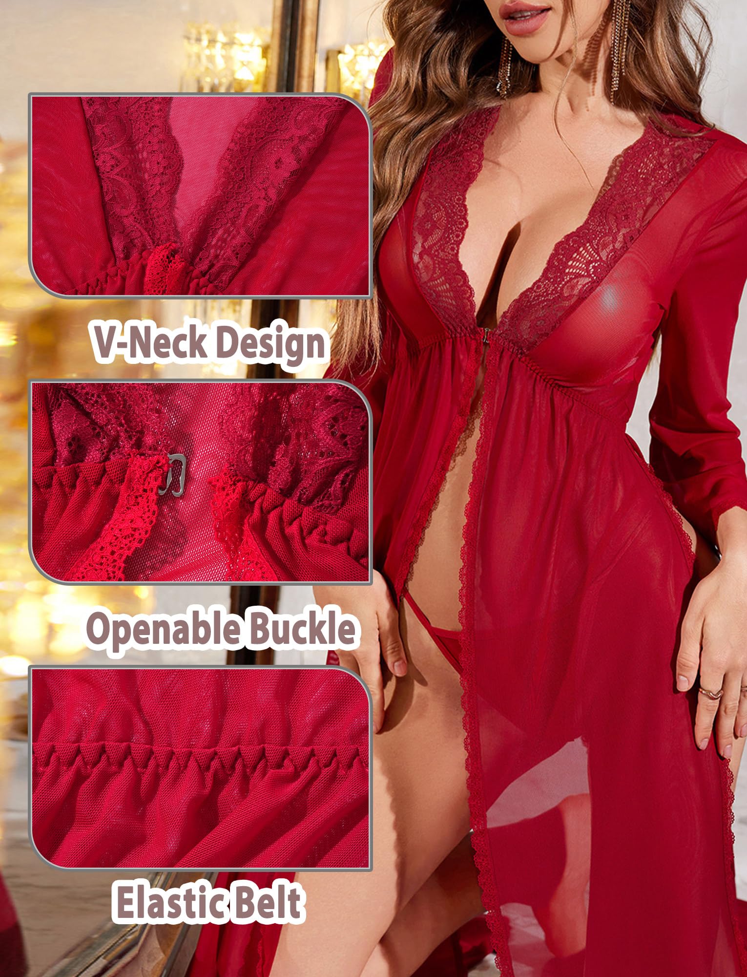 Maeau - Lencería Bata Kimono Larga Encaje Transparente Malla y Abertura Alta para Mujer S-XXL
