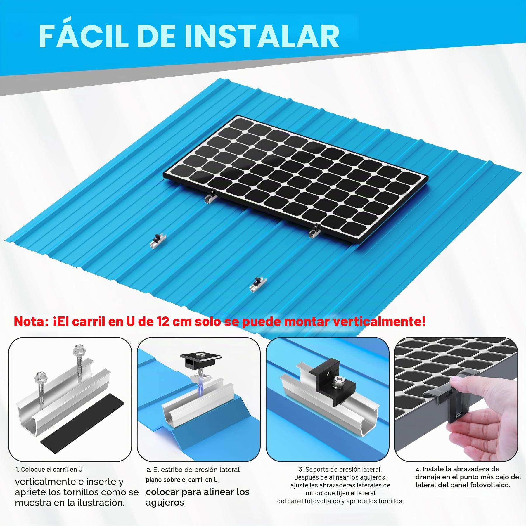 Kit de Montaje para Módulos Solares, Soporte Fotovoltaico para 4 Módulos, Riel Plateado de 12CM + Clips de Drenaje de Agua 30 mm + Abrazadera Ajustable para Módulos de 30-35MM de Grosor