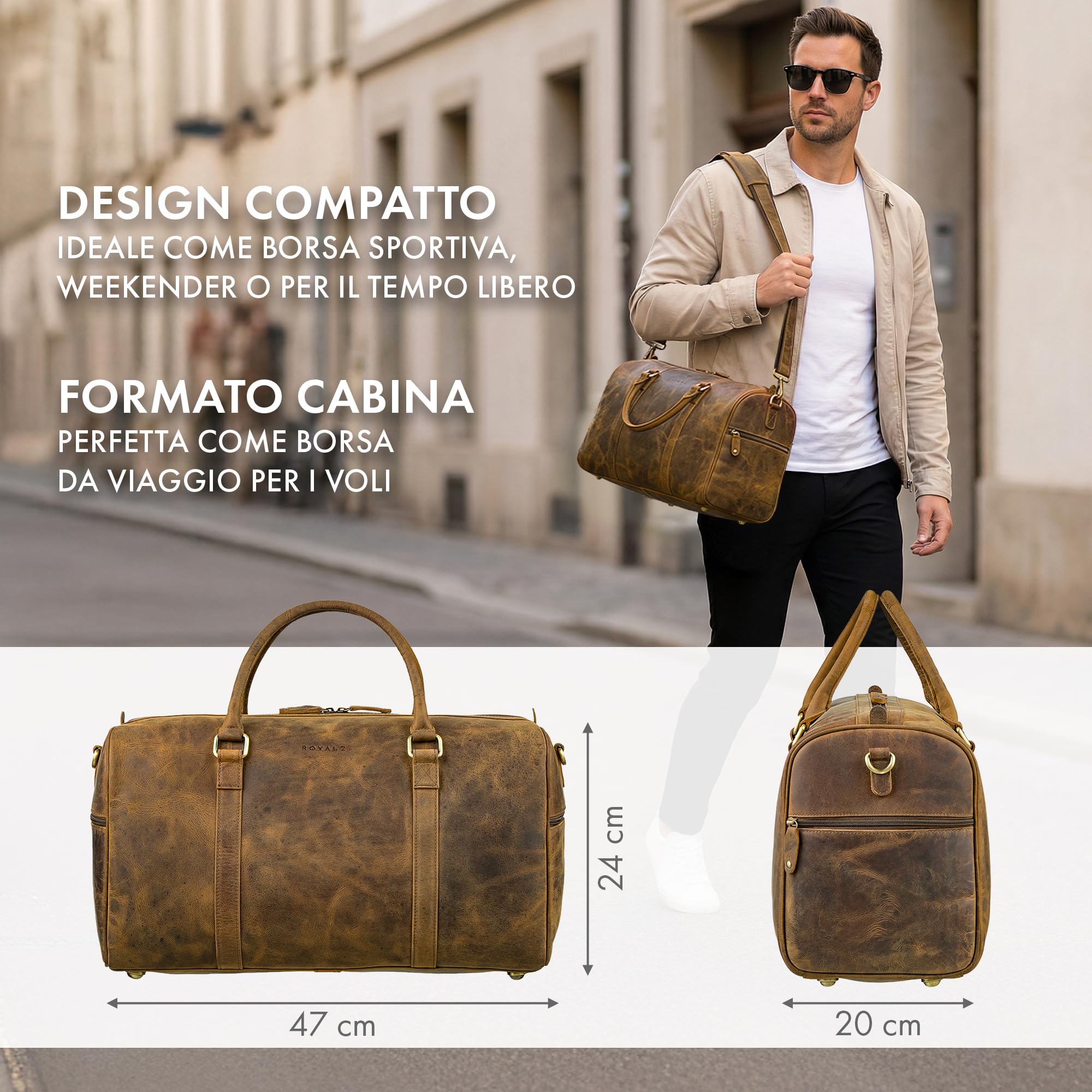ROYALZ "Palermo" Weekender Uomo Pelle Premium Piccolo a Tracolla - Borsa da Viaggio Cabina per Weekend Business e Borsone Sportivo in Pelle
