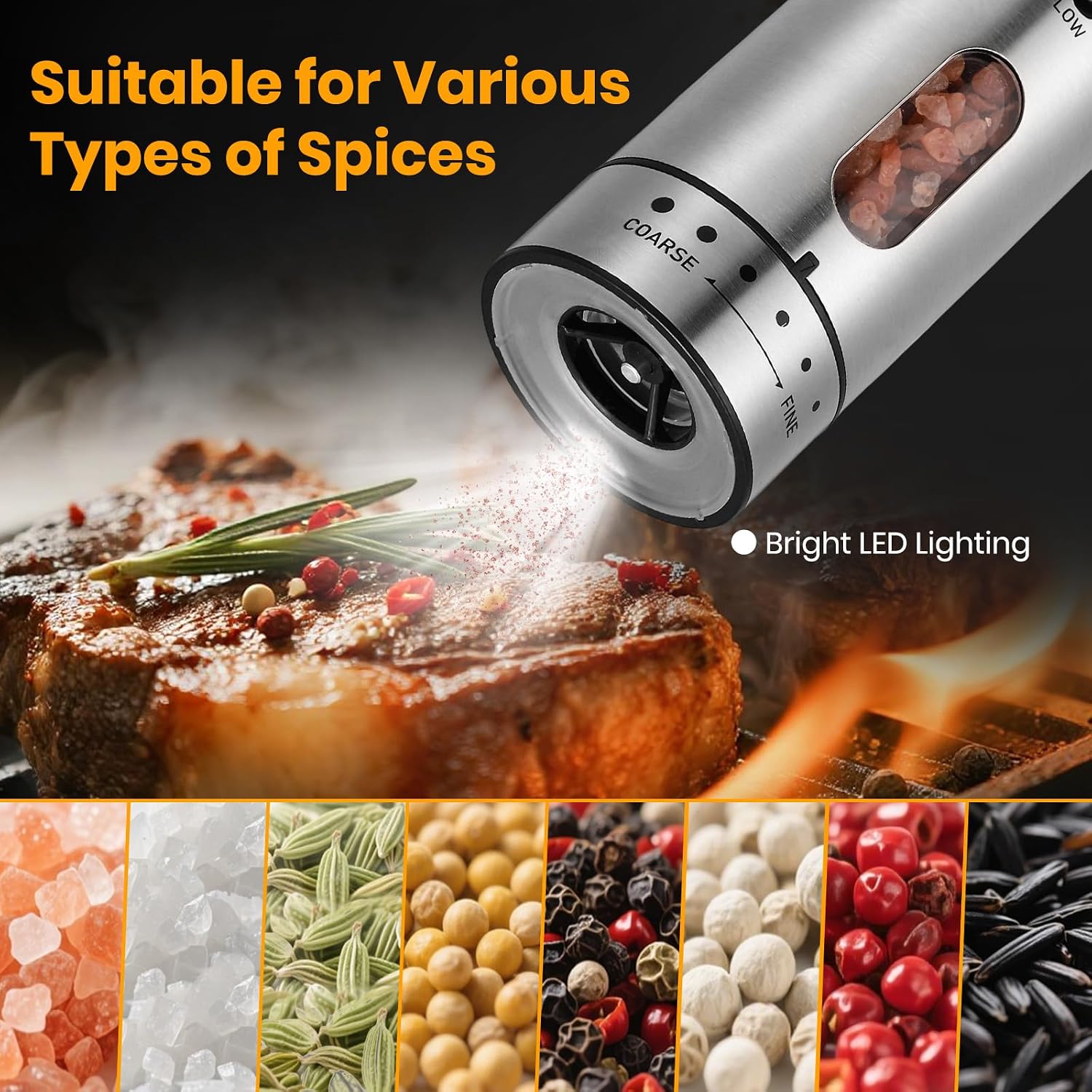 Electric Salt Grinder Set with Rechargeable Base Stainless Steel Grinders with Variable Grinding Speed, External Adjustable Coarseness and White LED Light, Silver