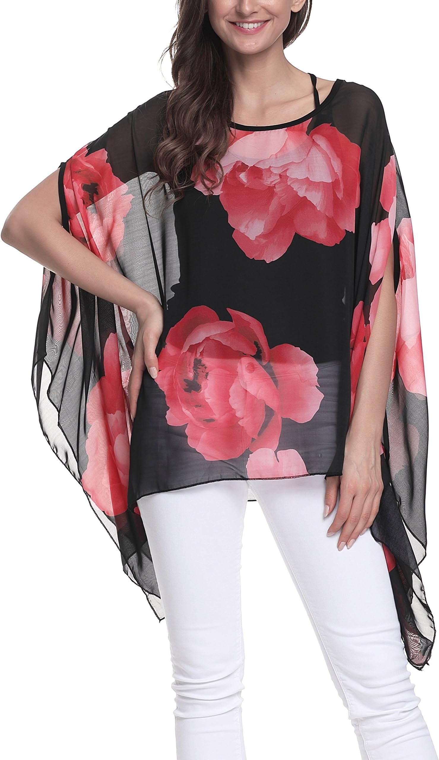 iNewbetter Womens Bohemian Chiffon Round Neck Shirts Batwing Top Floral Blouse Tunic Tops Pattern A0027