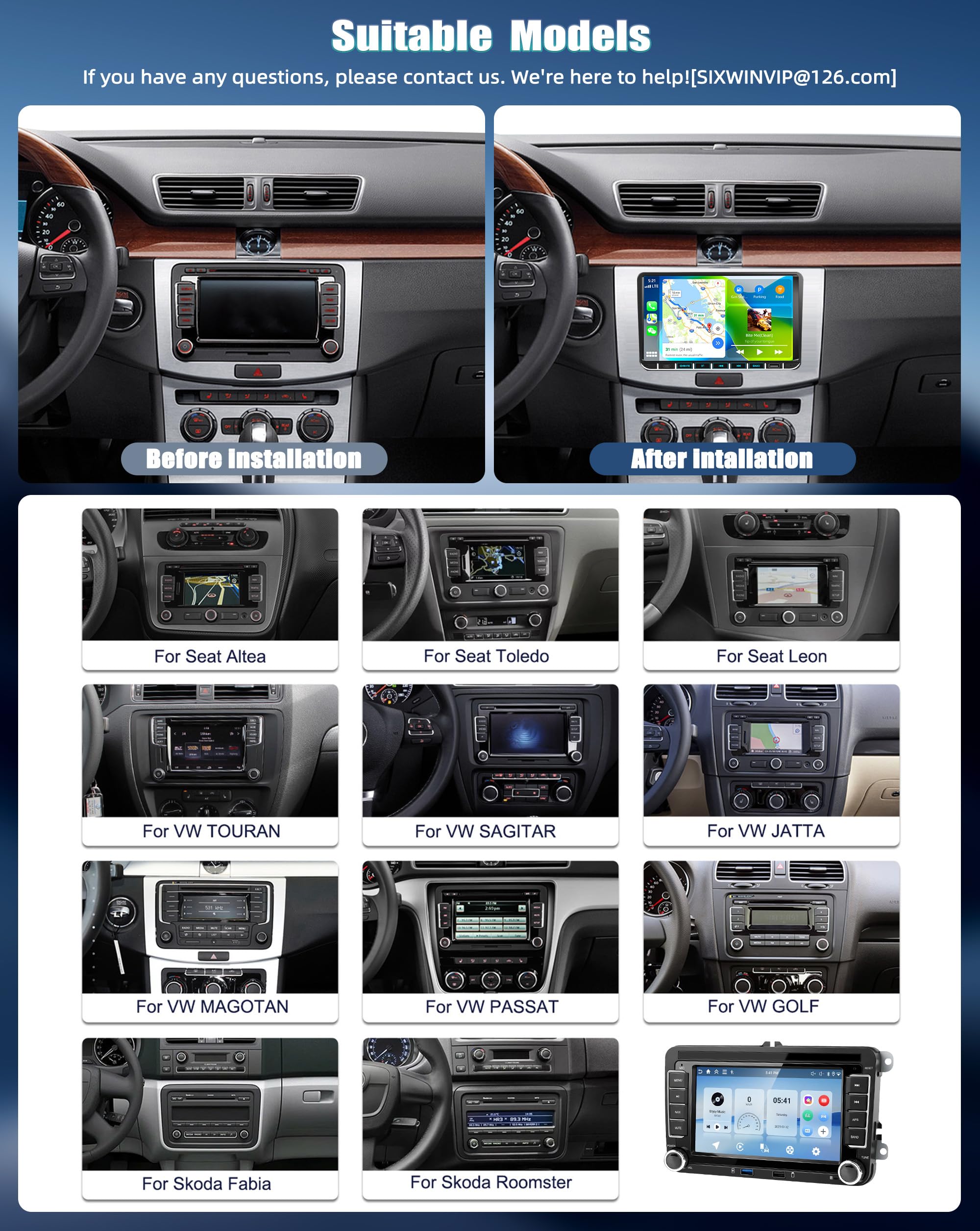 SIXWIN Android 15 4+128 GB Autorradio para VW Golf 5 6/Passat/Polo/Seat/Caddy/Touran con CarPlay/Android Auto, Pantalla HD de 9 Pulgadas con GPS, WiFi, Bluetooth 5.0, FM/RDS, EQ, USB-C y Cámara