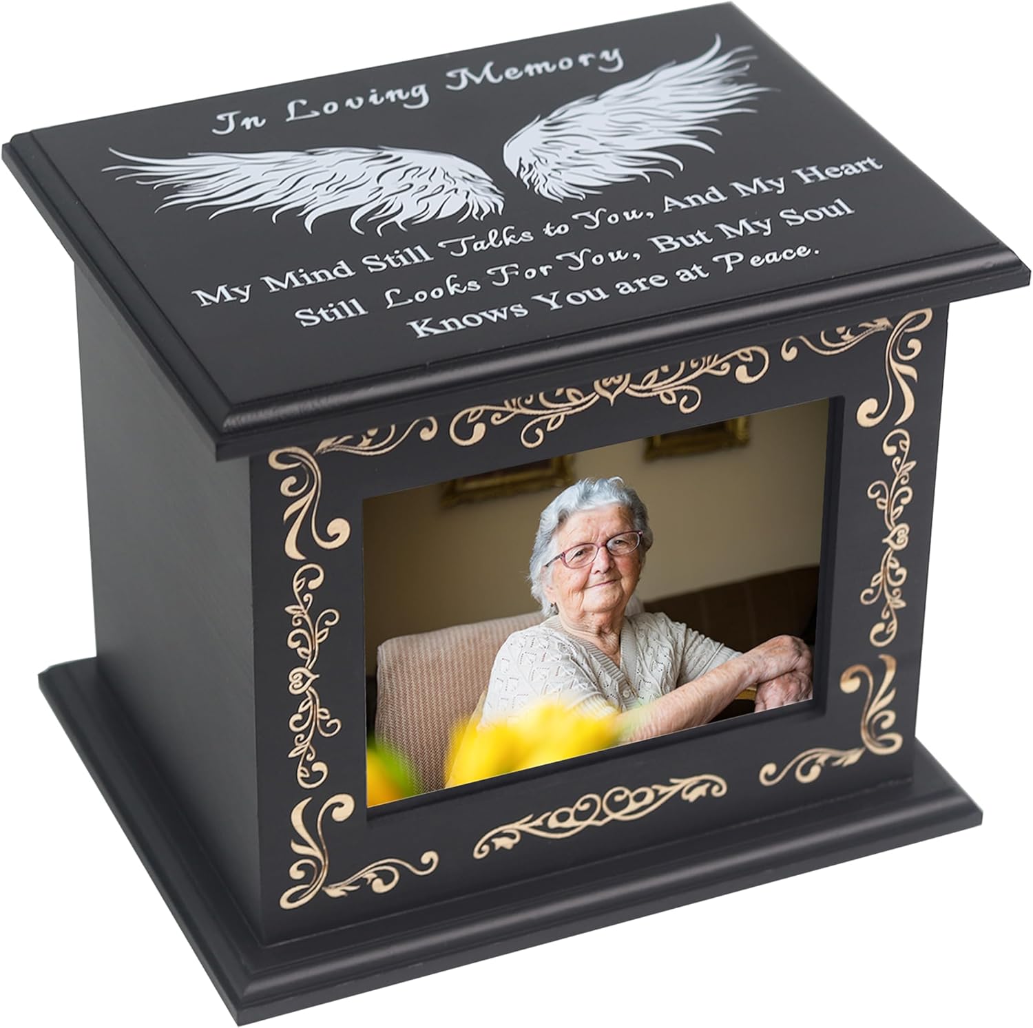 Wooden Urn Box for Ashes Cremation Urns for Human Ashes Adult Male or Female, Memorial Keepsake Urns with Photo Frame, Funeral Casket for Men Women, Burial Urn for Adults Up to 200 IBS-Wing