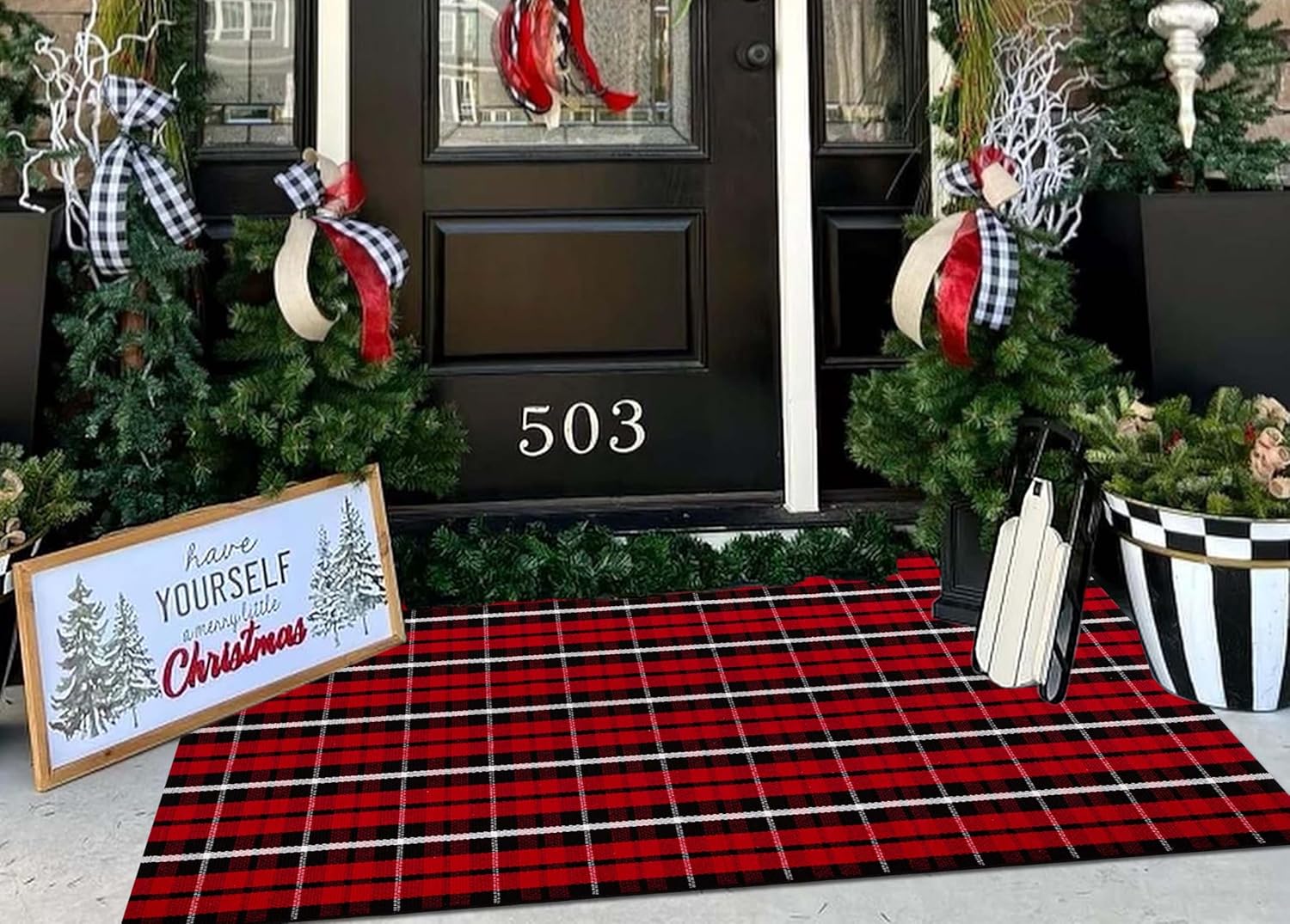 Christmas Outdoor Rug 3x5, Red Black Buffalo Plaid Checked Front Porch Rug, Cotton Woven Washable Rug Layering Doormat for Welcome Door Mat, Porch, Entryway, Dining Room, Bedroom, Living Room