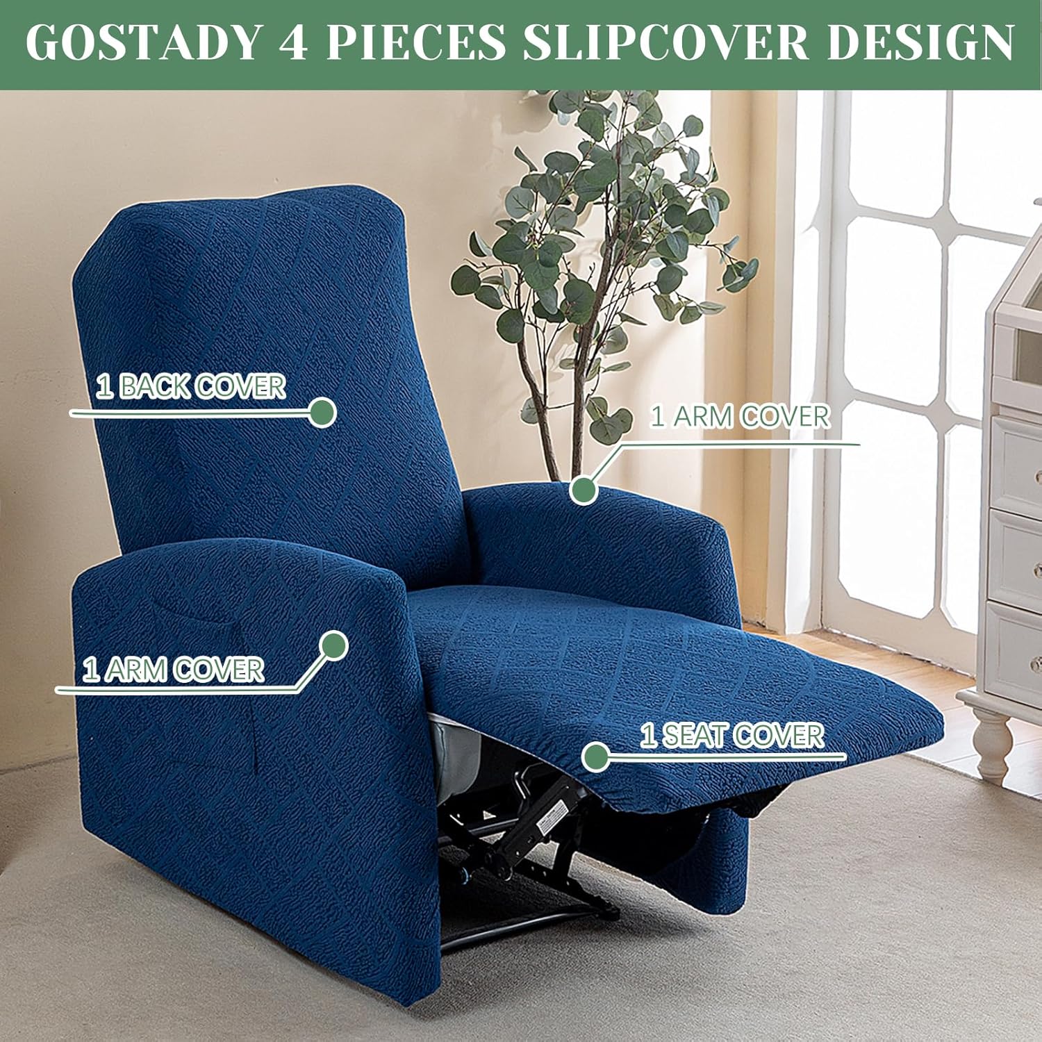 Recliner Chair Covers 4 Pieces Jacquard Small Recliner Sofa Slipcover Stretch Recliner Slipcover for Lazyboy Recliner Chair with Storage Pocket Furniture Protector for Living Room,Royal Blue
