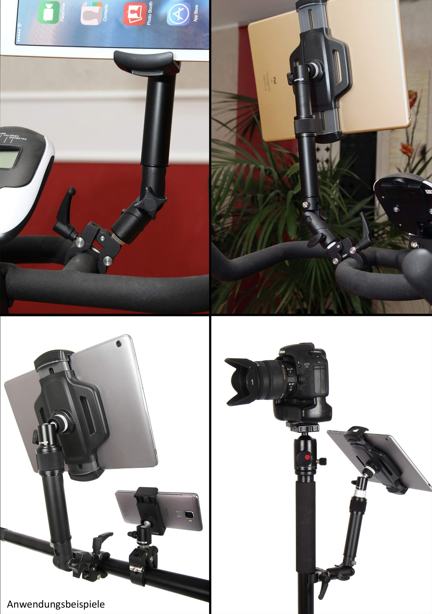 Tablet-Halterung Pro V4-K2, höhenverstellbar mit Kniegelenk, für iPad Pro und andere Tablet-PC´s (von 6" bis 14 Zoll) an Rudergerät, Heimtrainer, Ergometer-Lenker, Kommissionierwagen etc.