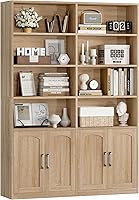 FACBOTALL 73" Oak Bookshelf with Doors - 6 Tier Double Wide Bookcase, Open Shelves & Enclosed Cabinets for Home Office, Living Room, Library