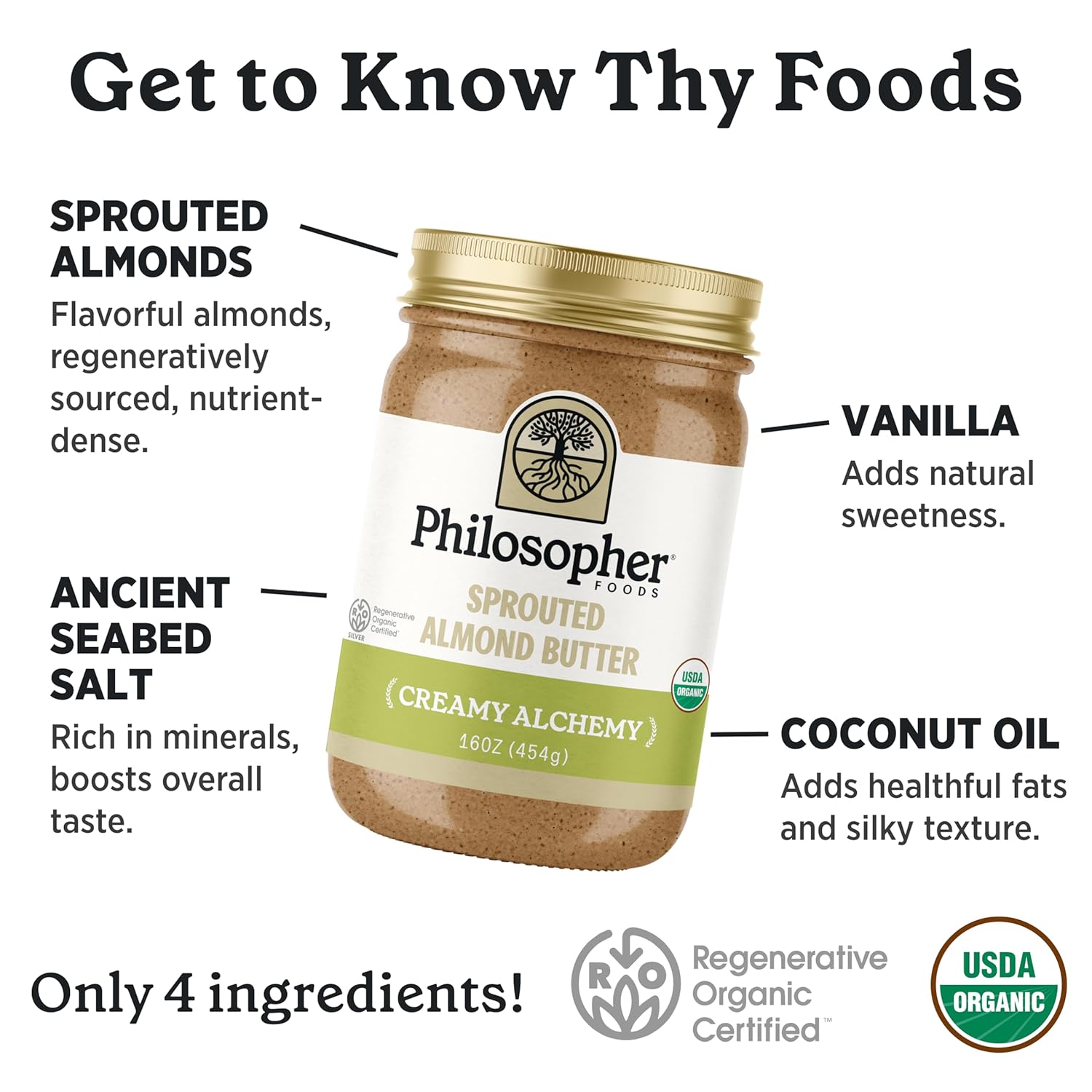 Philosopher Foods - Creamy + Crunchy Alchemy Sprouted Almond Butter - 16 oz (Pack of 2) - Stone Ground Regenerative Organic Creamy Almond Nut Butter No Sugar Added