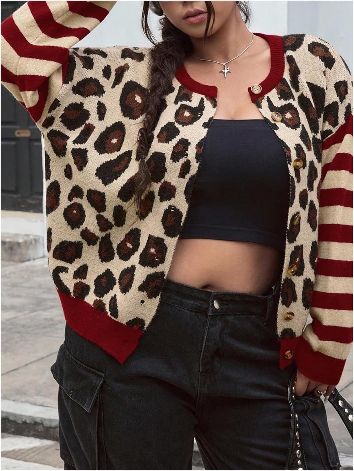 SOLY HUX Women's Plus Size Leopard Cardigan Cheetah Print Striped Button Down Long Sleeve Knit Sweater Fall Cardigans