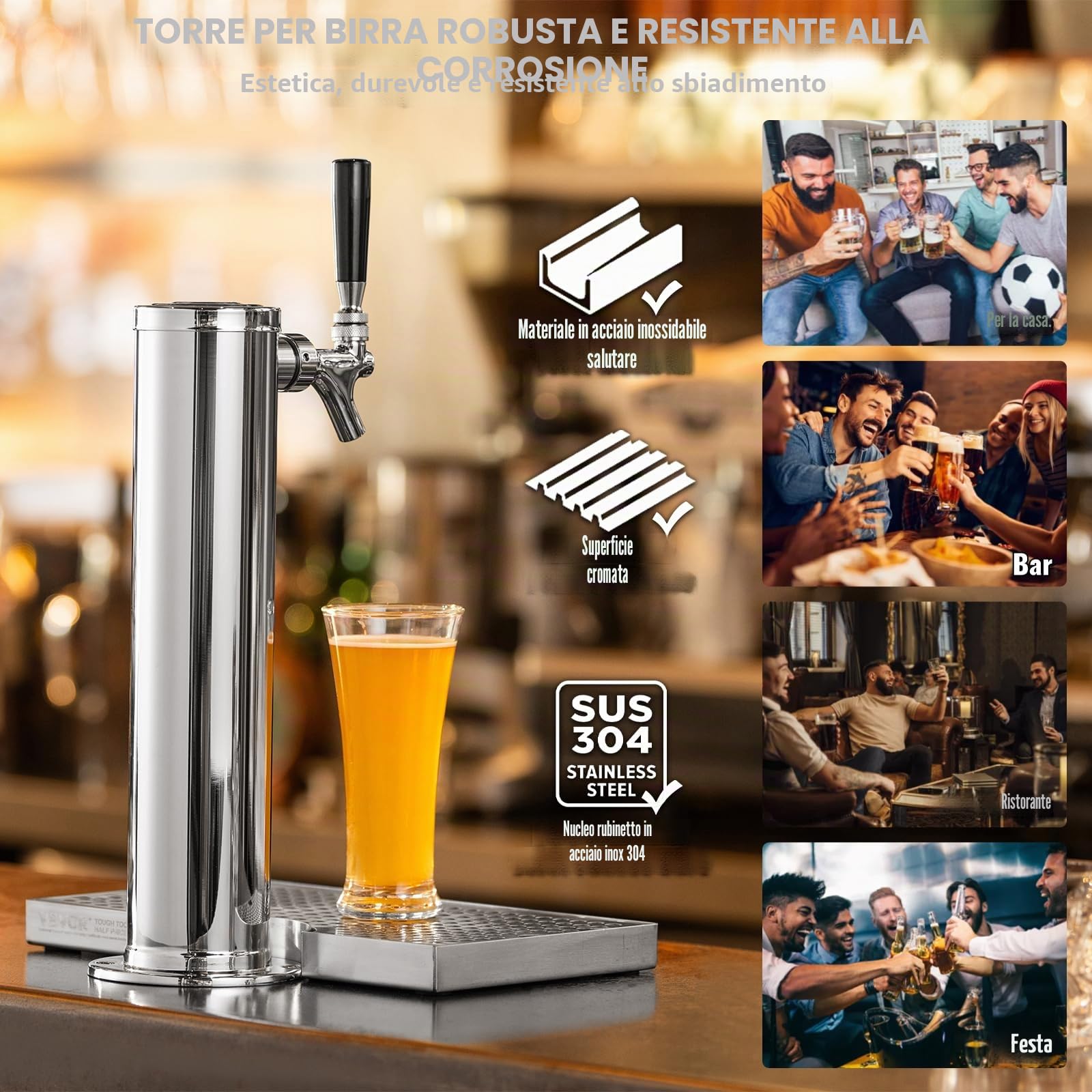 VEVOR Kit Distributore di Birra, Kit Conversione Birra Rubinetto Singolo, Dispensatore Torre Birra in Acciaio Inossidabile con Regolatore Doppio Calibro, Vassoio Gocciolamento Birra per Feste a Casa