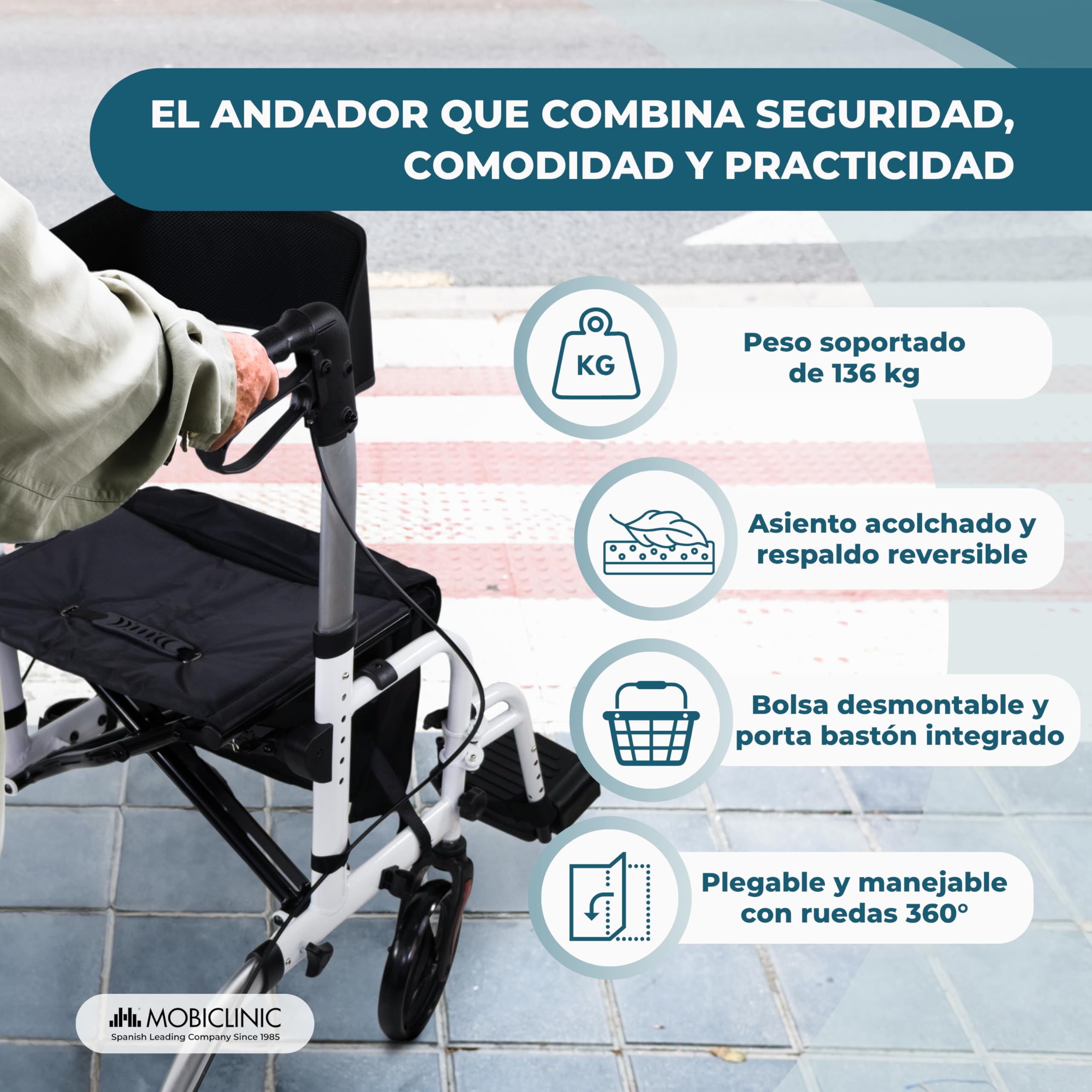 Mobiclinic®, Andador Plegable, con Reposapiés, Plegable, Ajustable en Altura, Máx. 136 Kg, con Frenos, Respaldo Reversible, Ruedas 360º, Bolsa, Porta Bastón, Ibiza