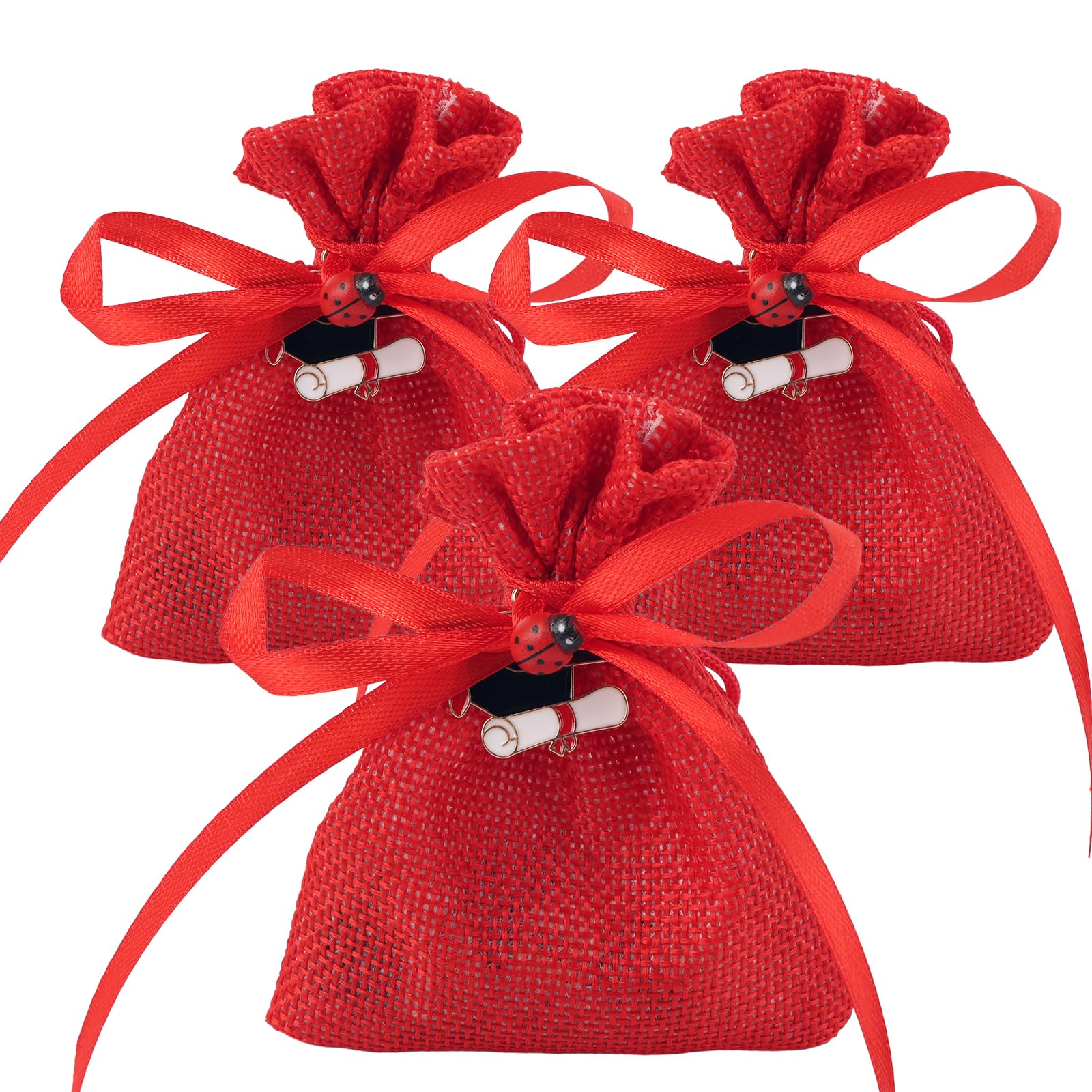 24Pz Bomboniere Laurea Portaconfetti, Rossa Sacchetti Laurea con Ciondoli Coccinella, Biglietti e Nastro per Cerimonie, Feste