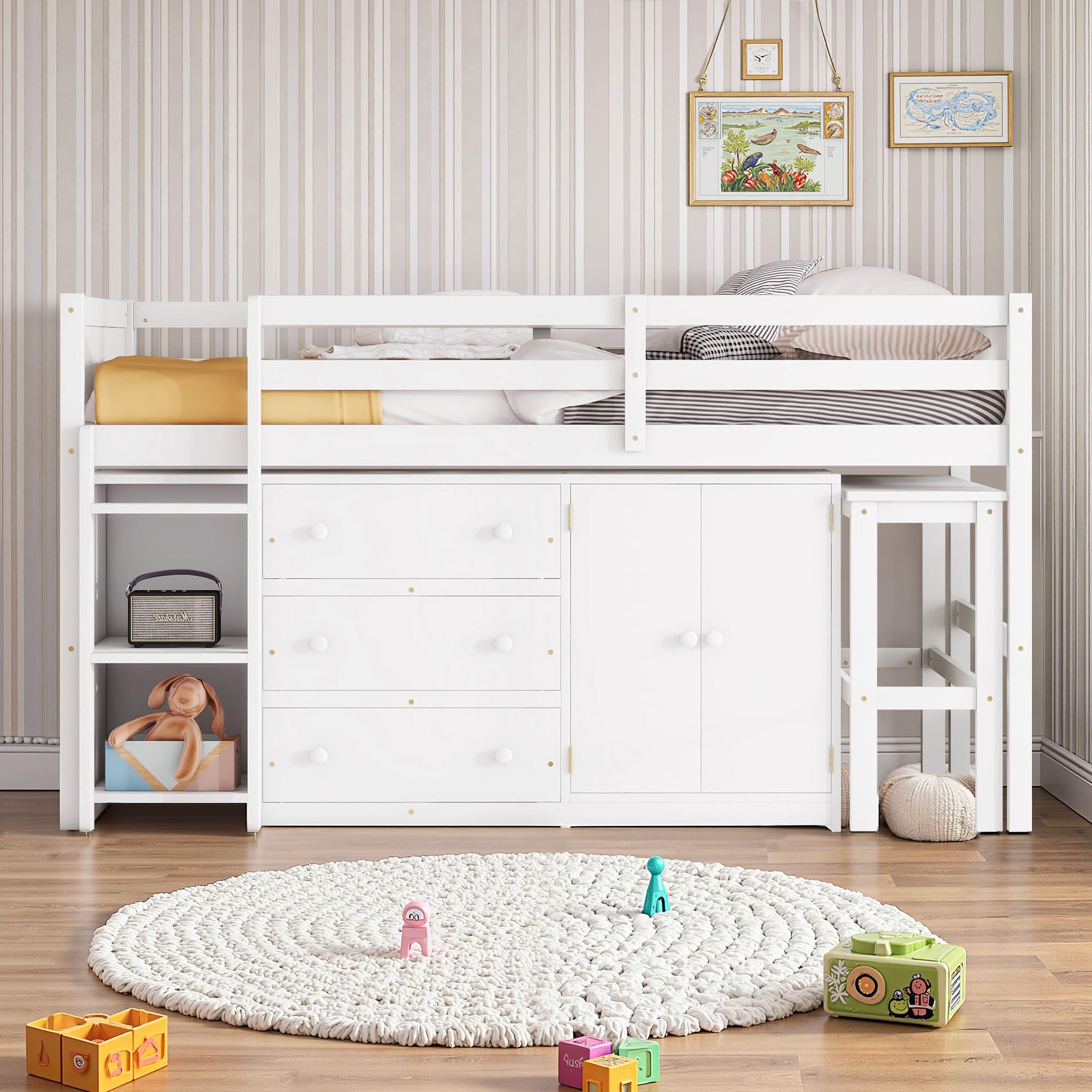 Osparple Twin Size Low Loft Bed, Kids Loft Beds with Desk and Storage, Wood Beds Frames with Drawers, Cabinet and Shelves for Teens, Girls or Boys, White