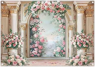 Fabric 7x5ft Pink White Rose Flowers Photography Backdrop Floral Castle Classical Arch Wall Background Girls Bridal Party Decorations Wedding Anniversary Photo Banner
