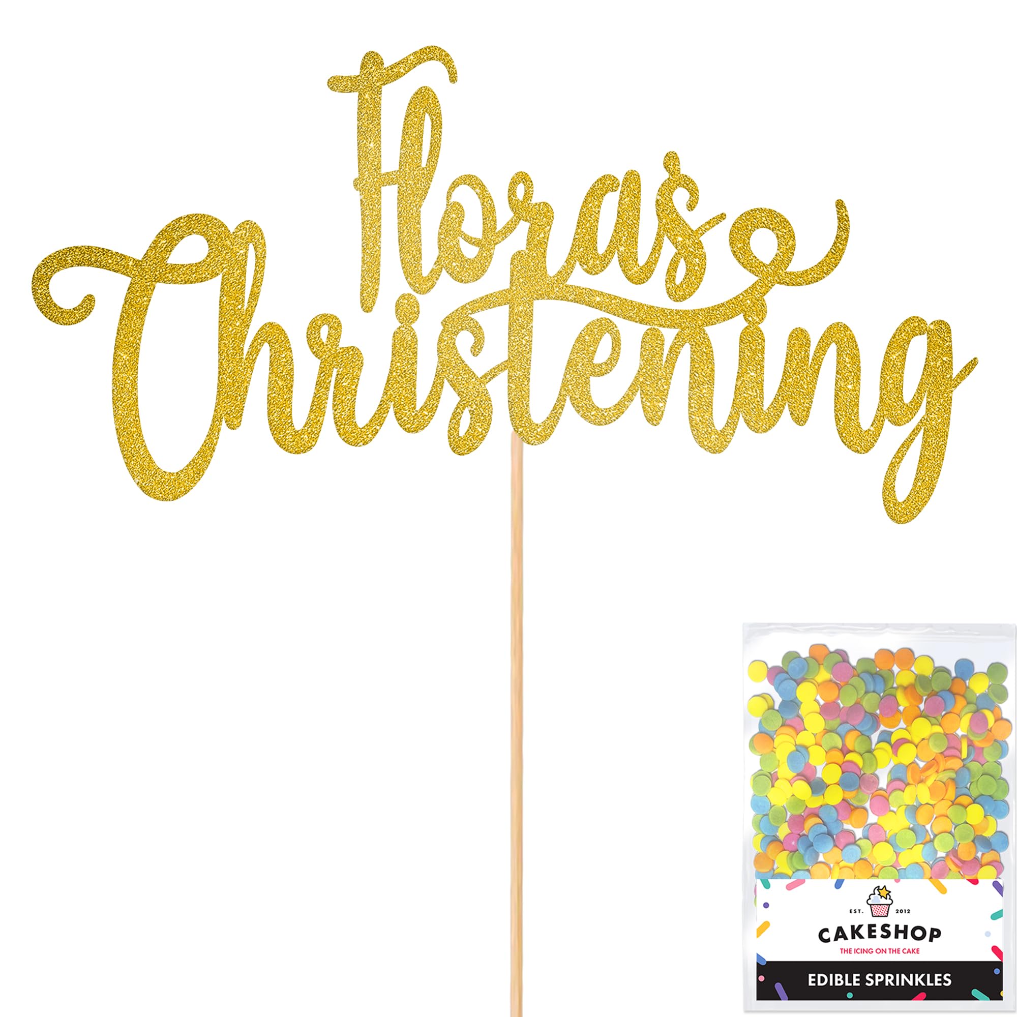 Cakeshop Personalised Christening Glitter Cake Topper With Sprinkles - Gold Custom Colour - Any Name - Double-Sided Glitter Card Cake Decoration - Custom Toppers for Cakes
