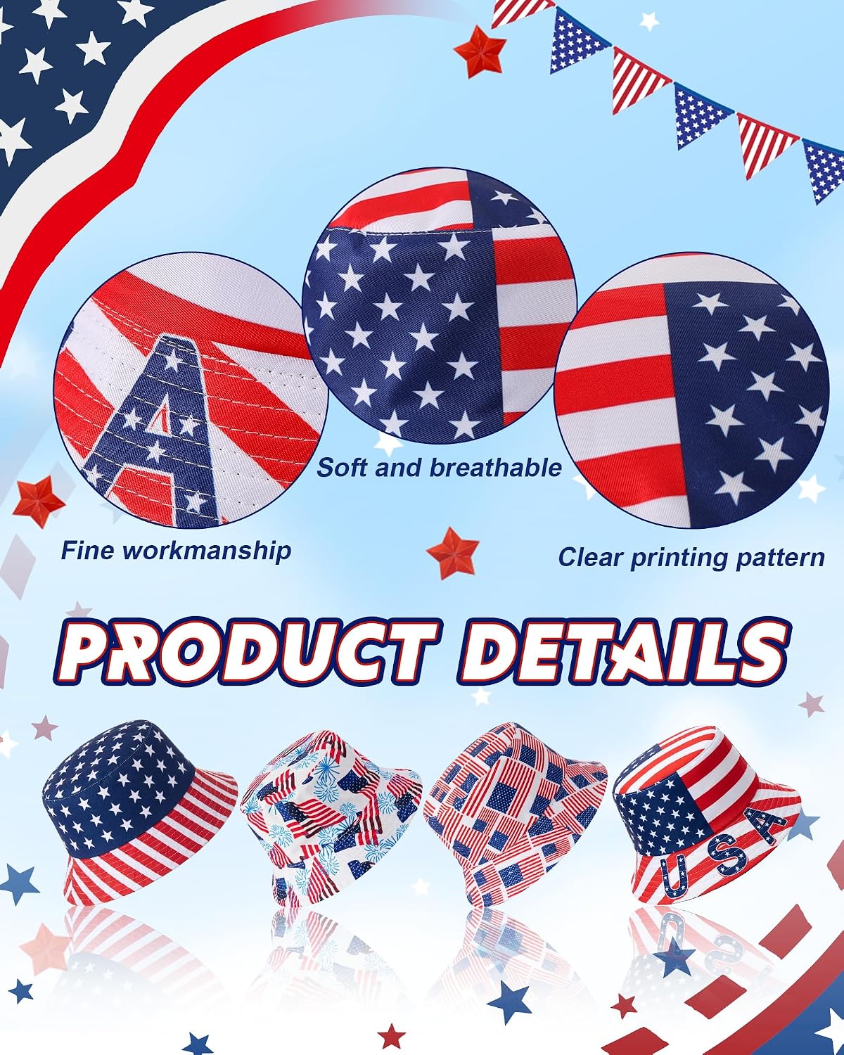 12 Pcs Patriotic Bucket Hats 4 Styles American Flag Fisherman Caps for 4th of July Party Favors