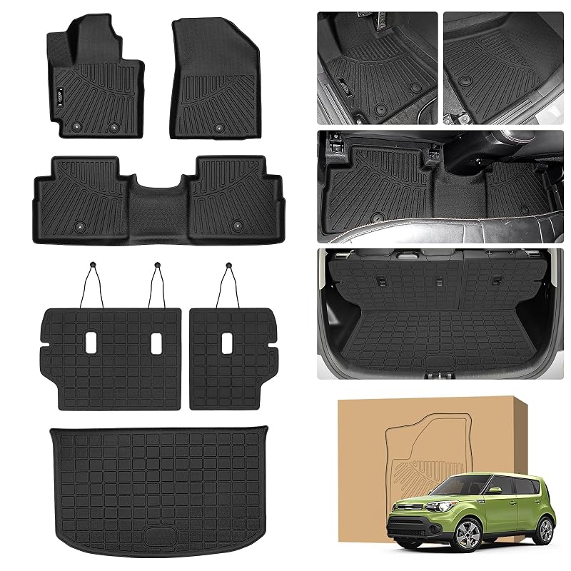 Tapetes automotivos Peleus para Kia Soul 2014 a 2019, TPE sob medida com tapete de porta-malas e protetores de encosto, preto, kit com 6 peças